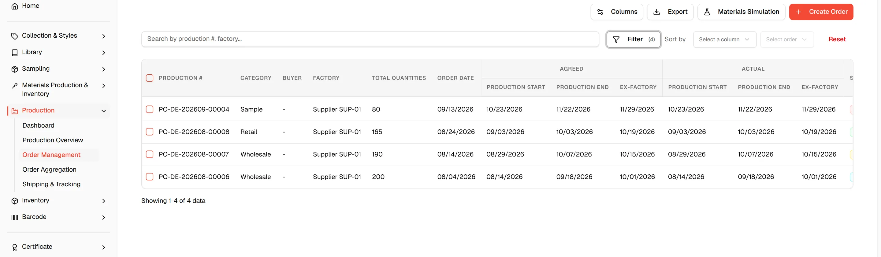 The Production Orders list filtered by Status so it shows only the orders to export