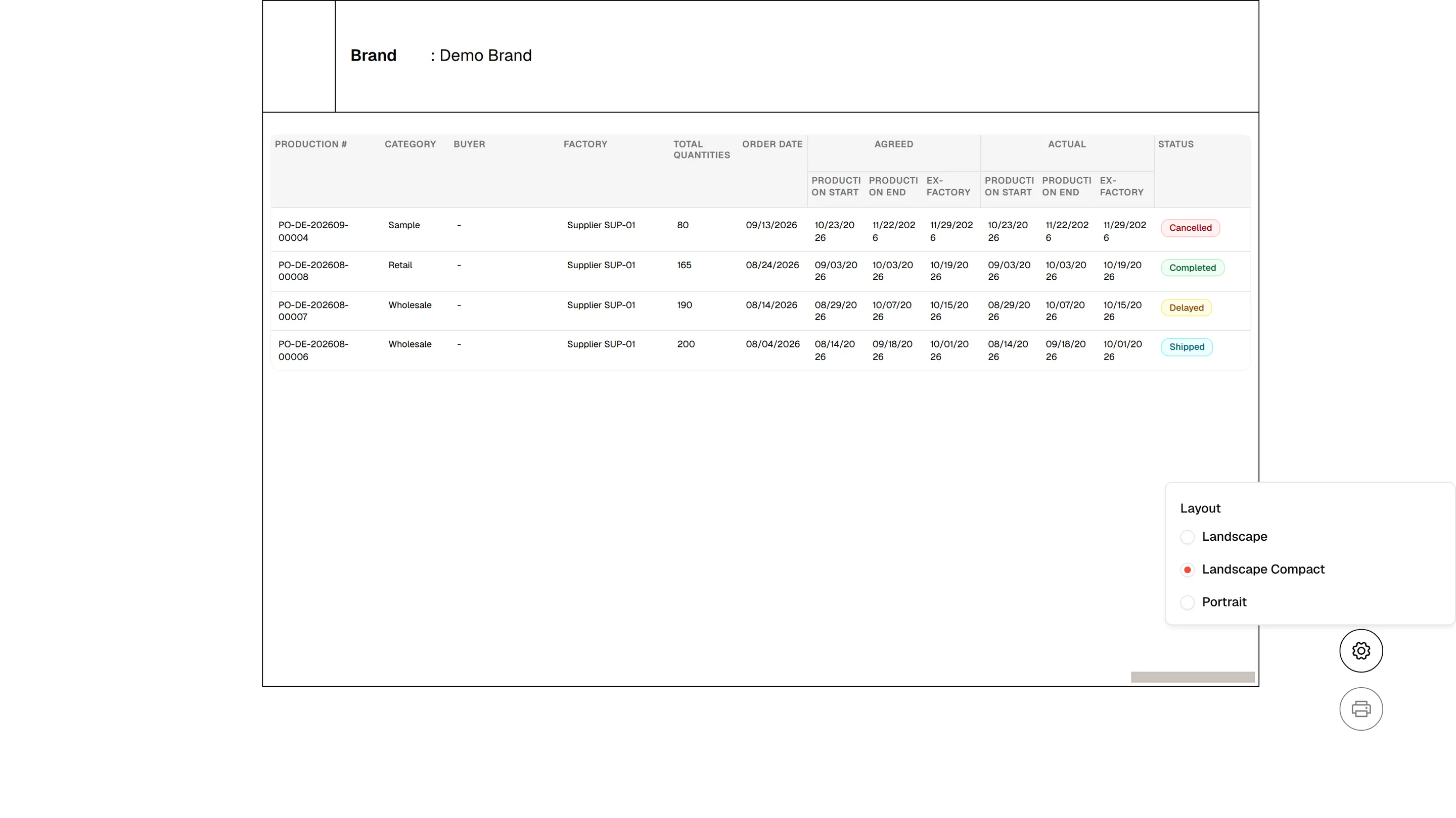 The production orders report with the settings panel open showing the Layout choices