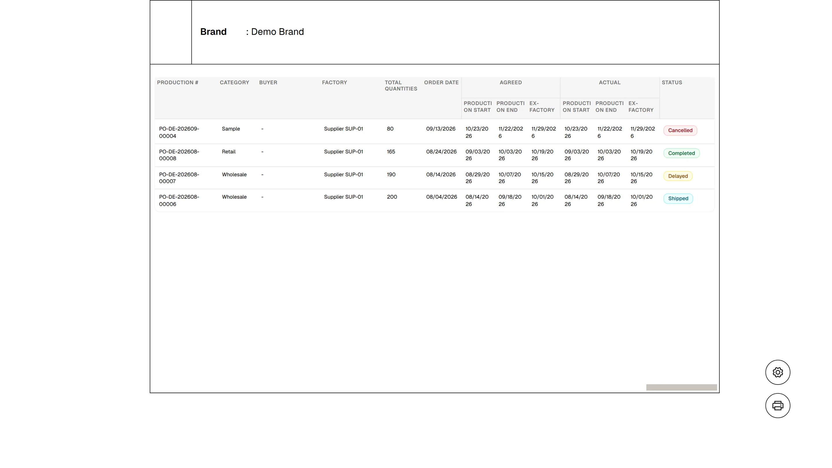 The production orders report with the settings and print buttons at the bottom right