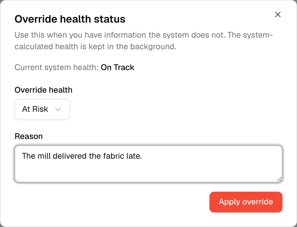 The Apply override button enabled at the bottom of the dialog once a reason is entered