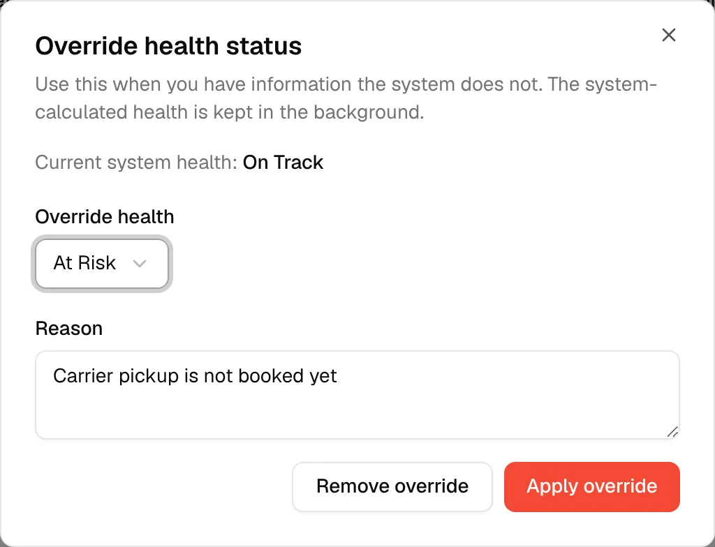 The Override health status dialog of an overridden order with the Remove override button