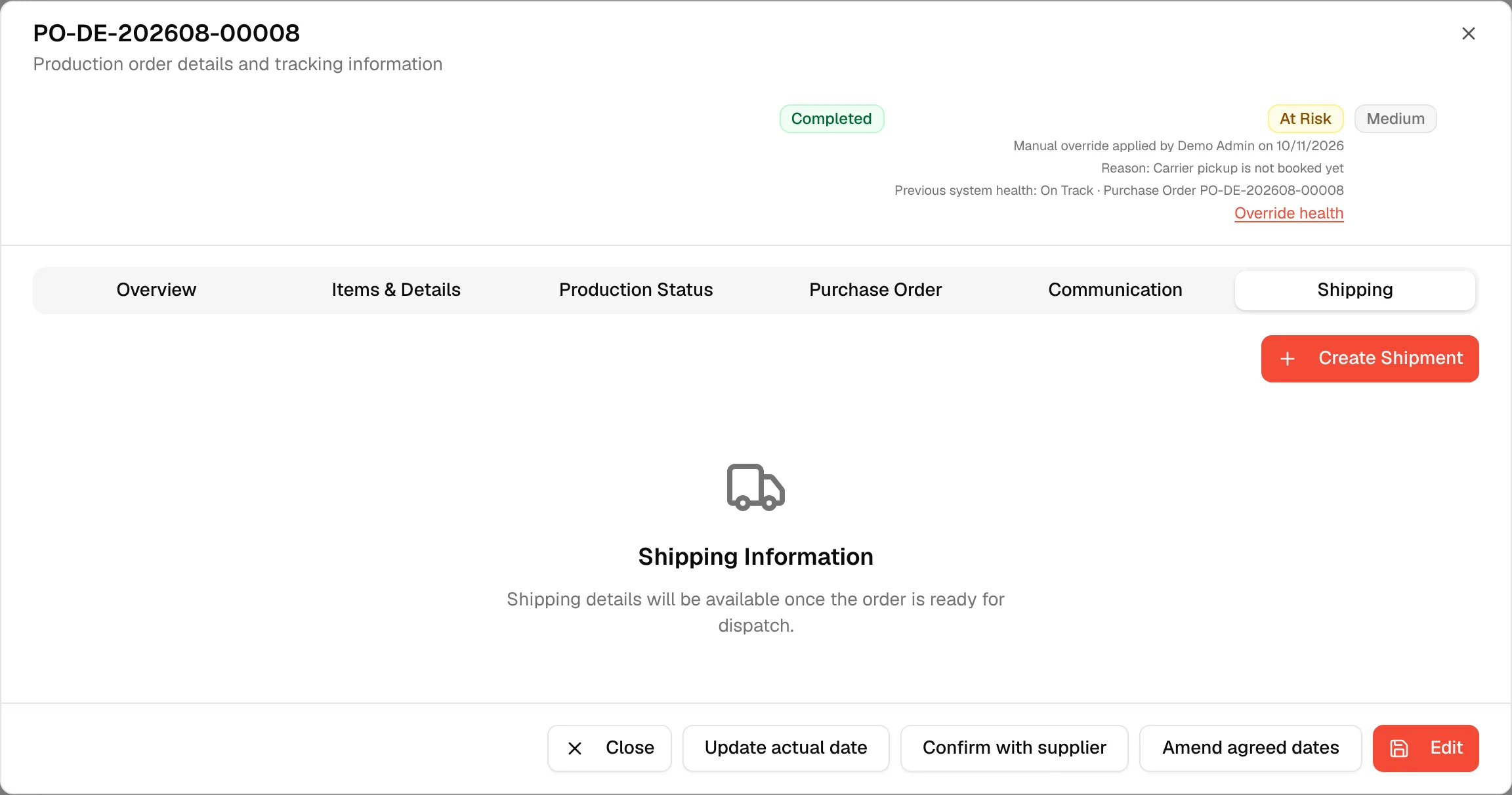 The Shipping tab of a completed order without shipments, with the Create Shipment button at the top right
