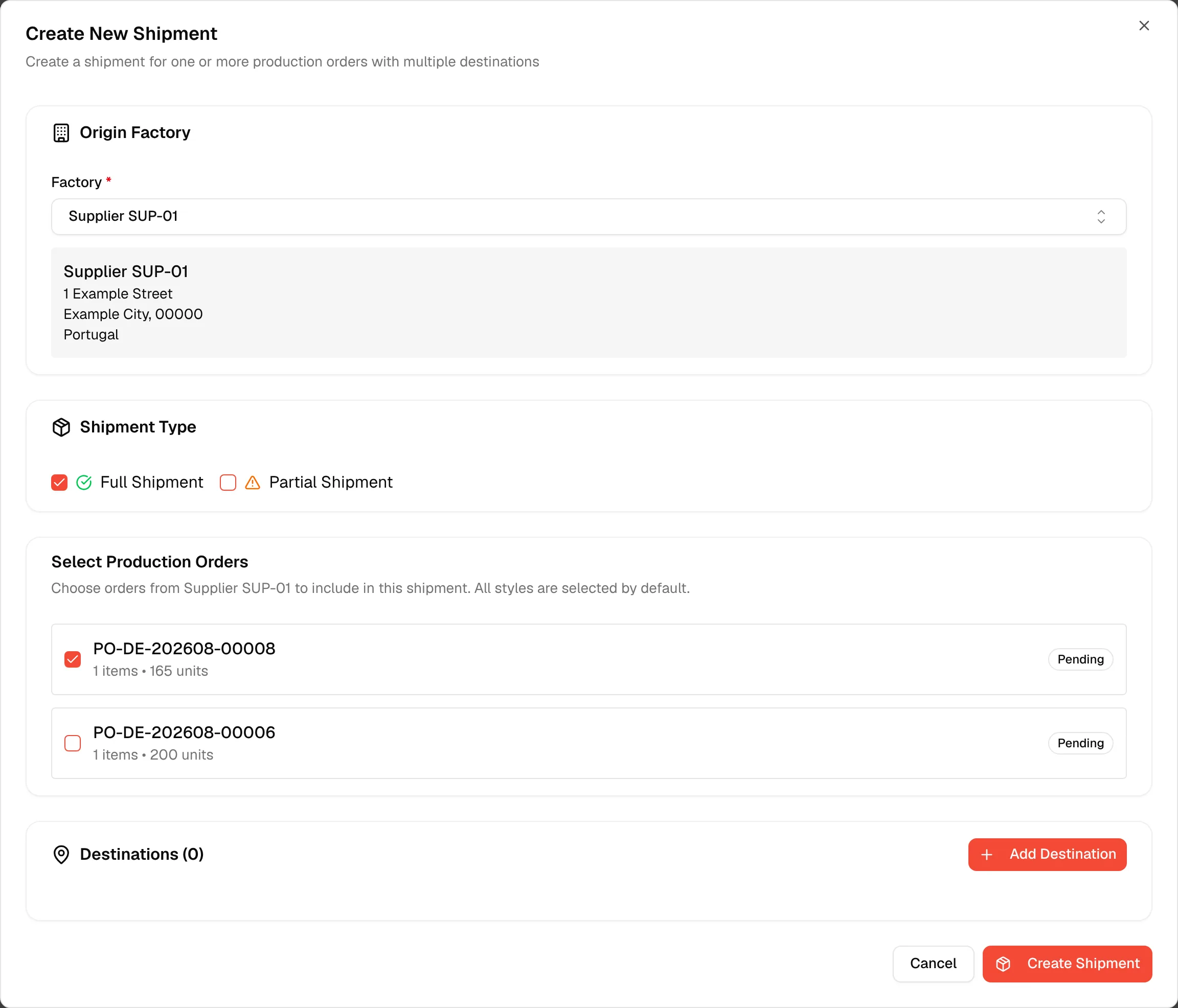 The Create New Shipment dialog opened from the order, with the order already selected