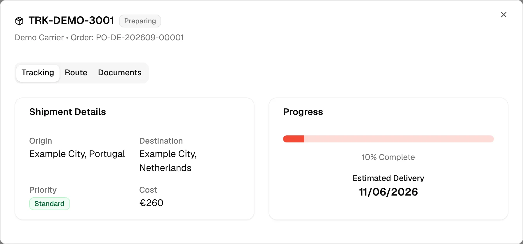 The shipment details dialog with the Tracking, Route and Documents tabs