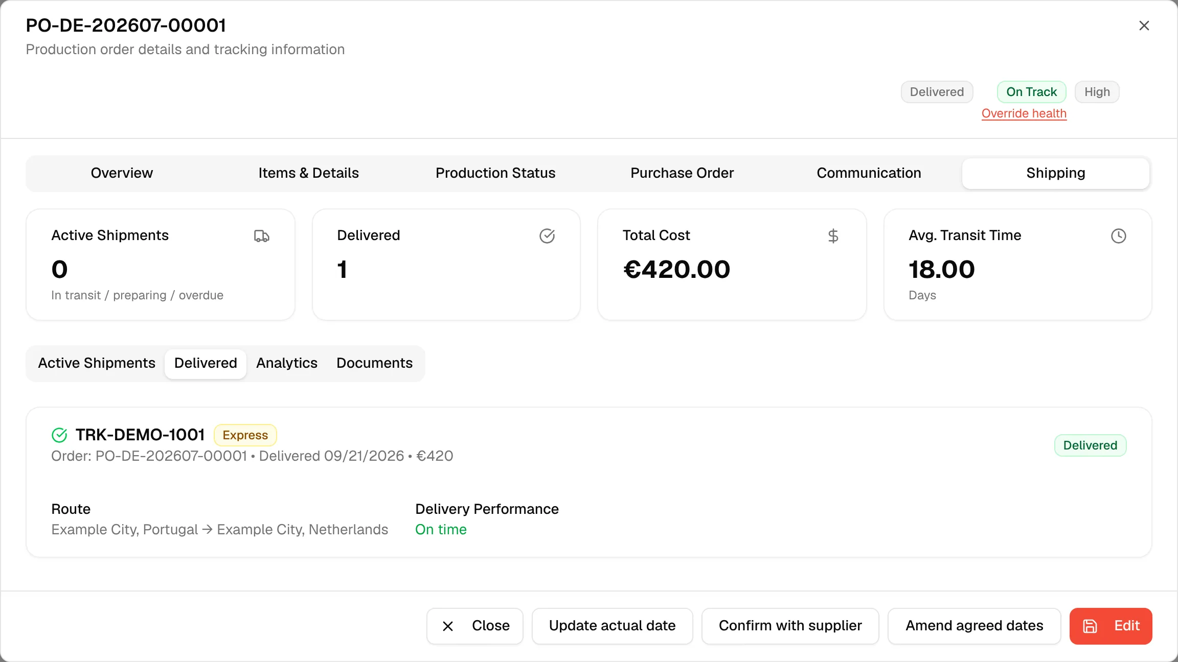 The Delivered tab listing a delivered shipment with its delivery performance