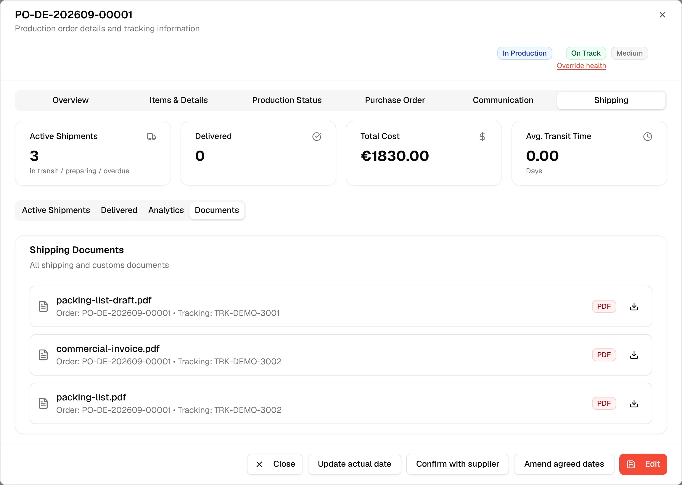 The Documents tab listing the shipping documents of the order with a download icon