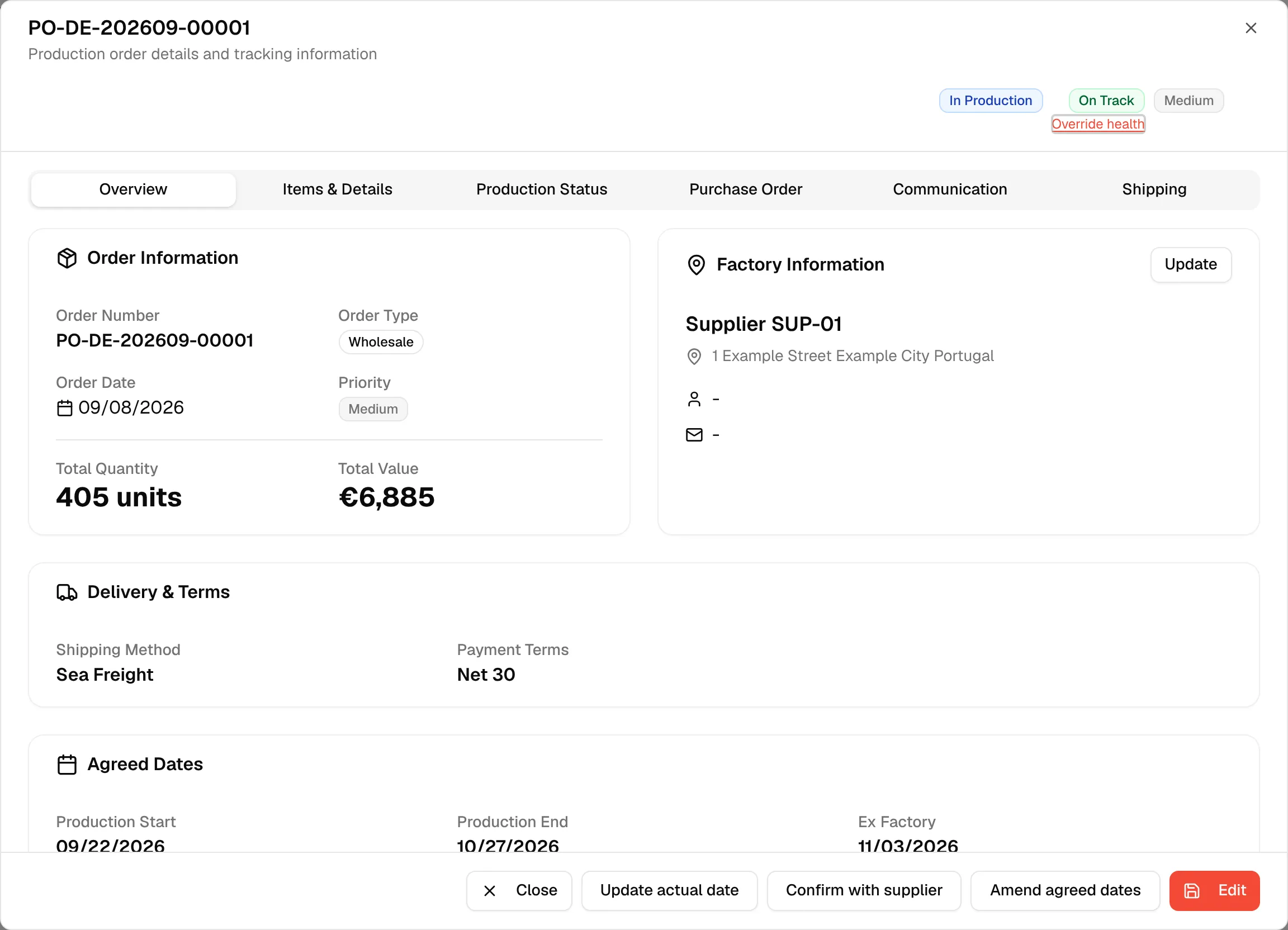 The order dialog with the Confirm with supplier button at the bottom