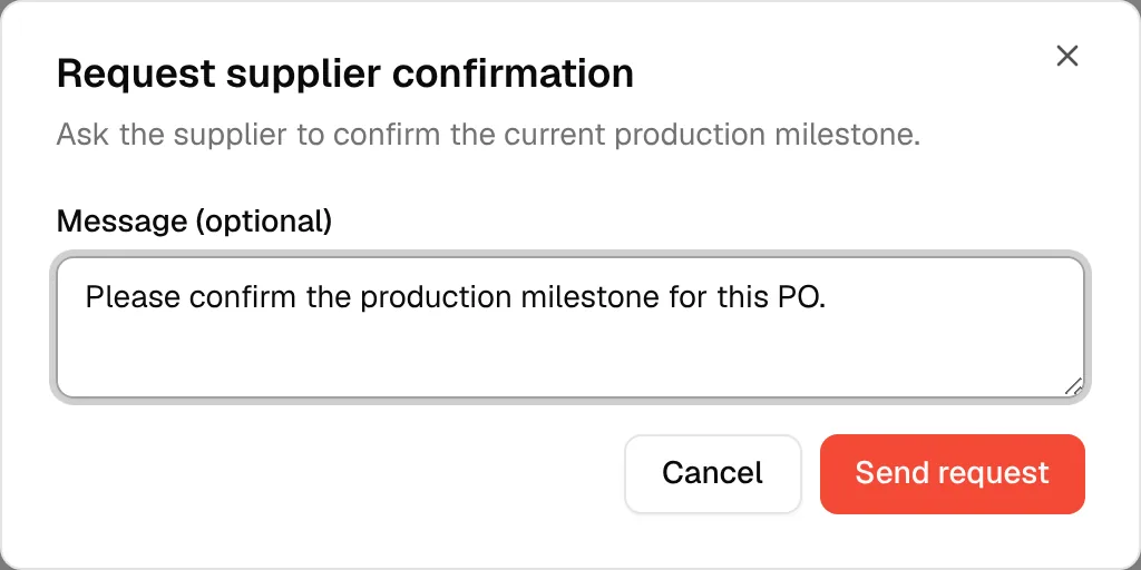 The Request supplier confirmation dialog with an optional message