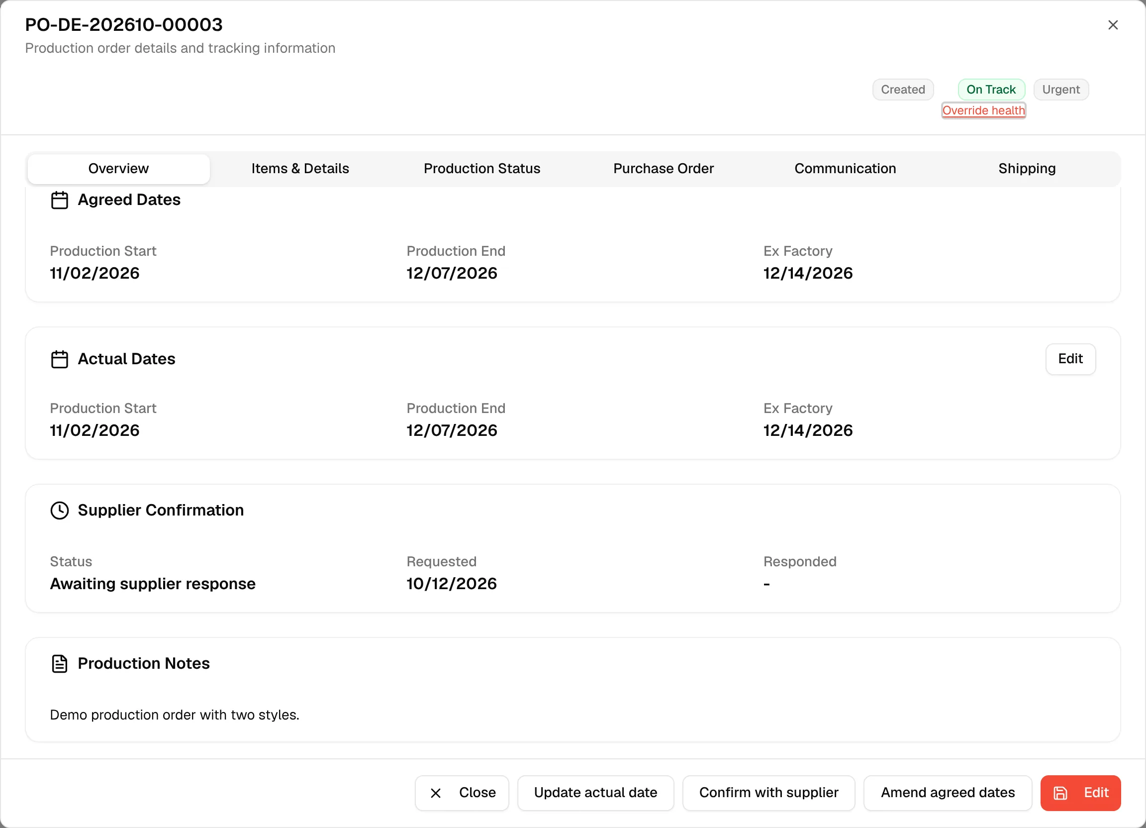The Supplier Confirmation card on the Overview tab showing Awaiting supplier response and the request date