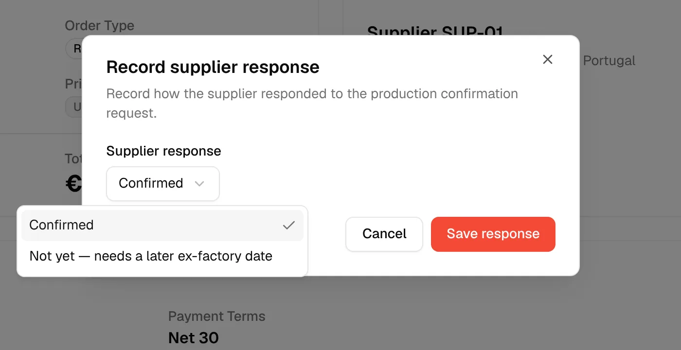 The Record supplier response dialog with the Supplier response list open: Confirmed or Not yet, needs a later ex-factory date