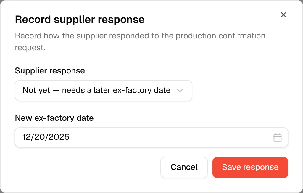 The New ex-factory date field that appears when the supplier needs a later date