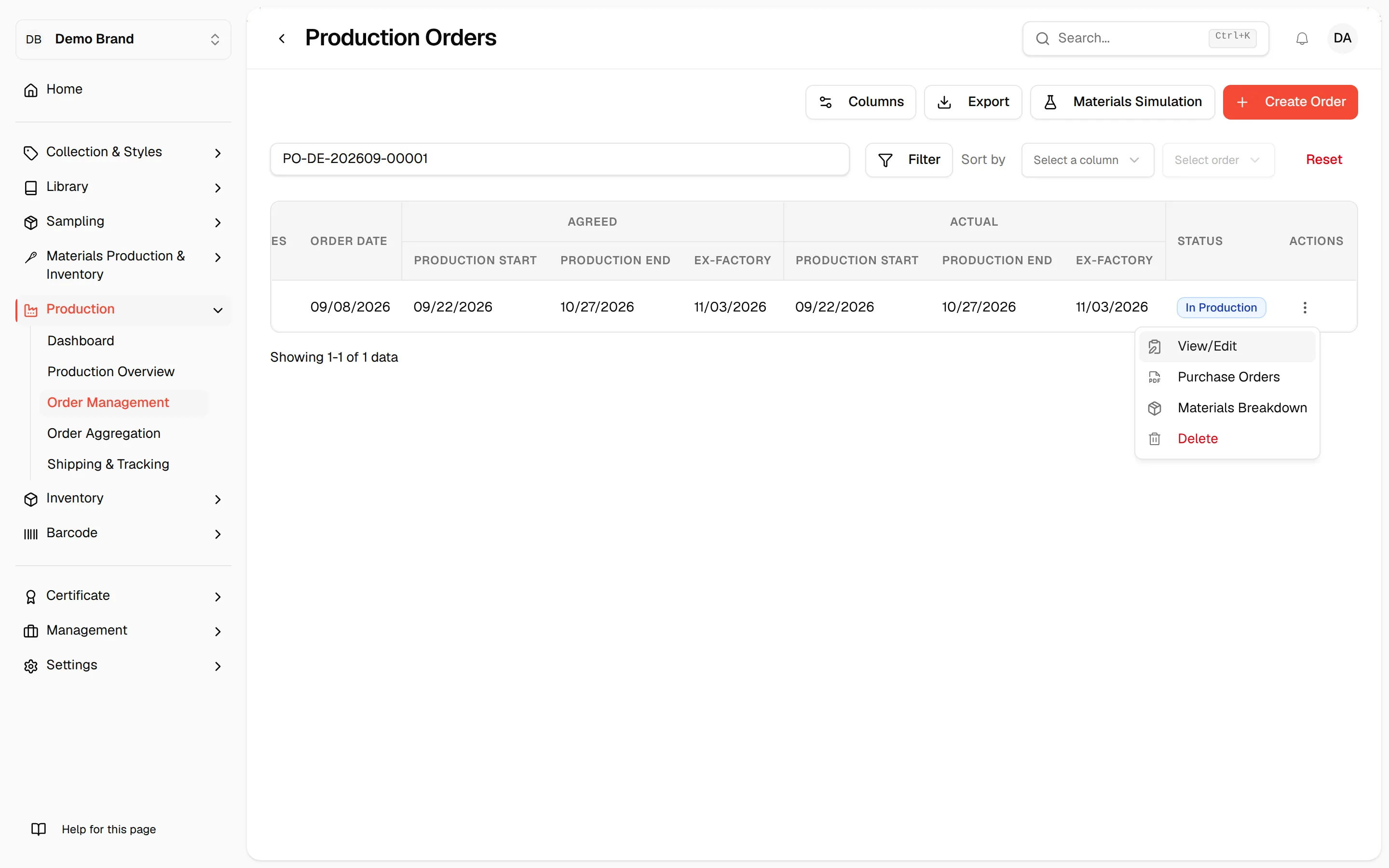 View/Edit highlighted in the three-dot menu of an order row