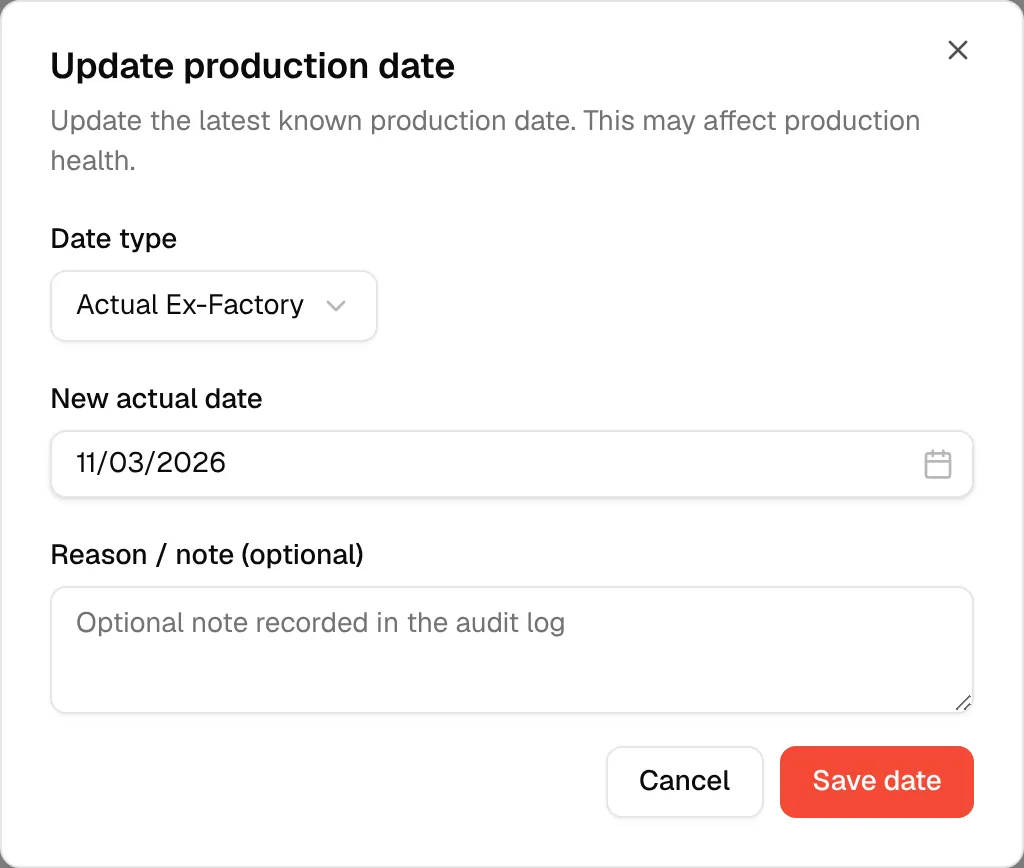 The Update production date dialog opened from the Update actual date button of the order