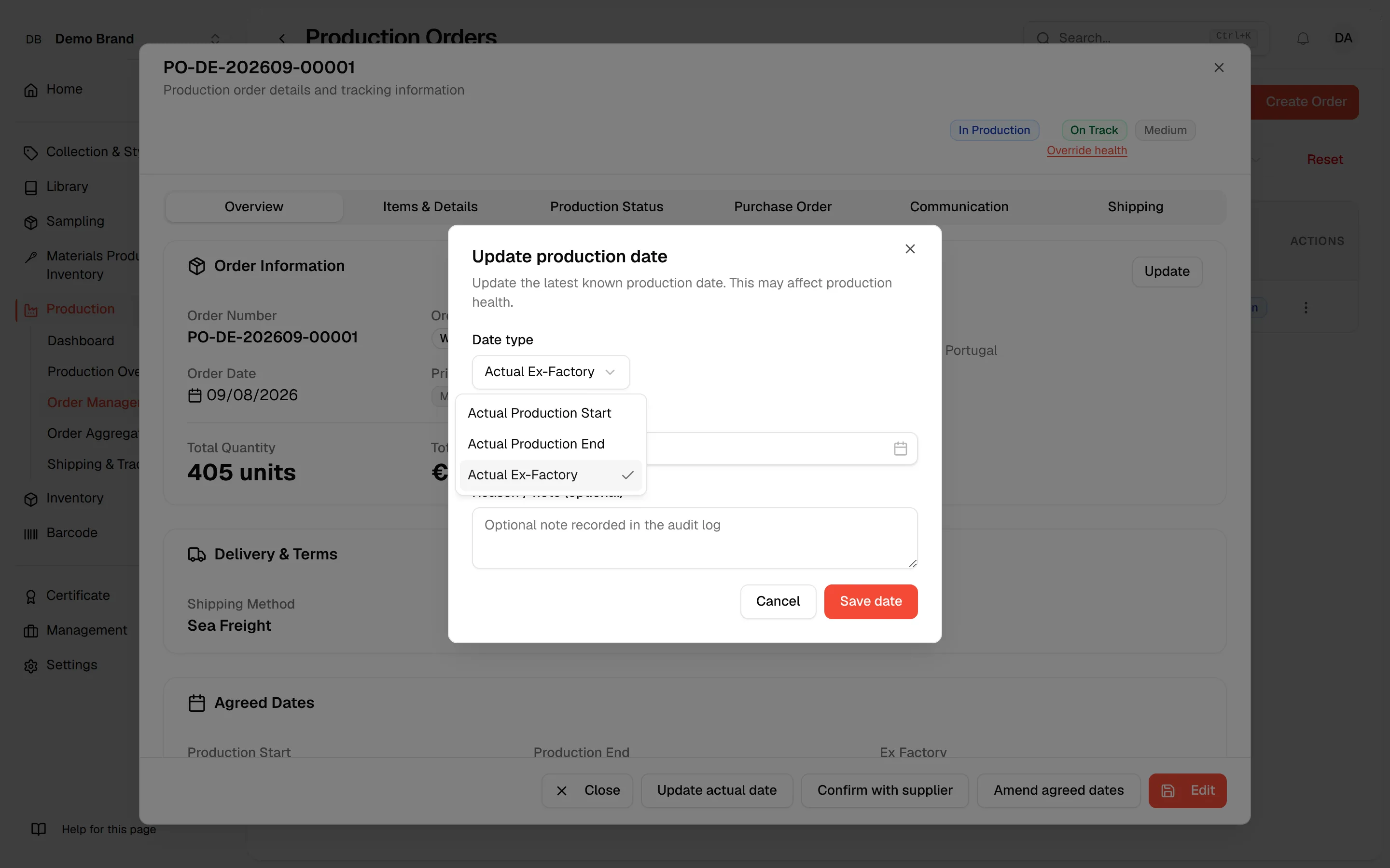 The Date type list open with Actual Production Start, Actual Production End and Actual Ex-Factory