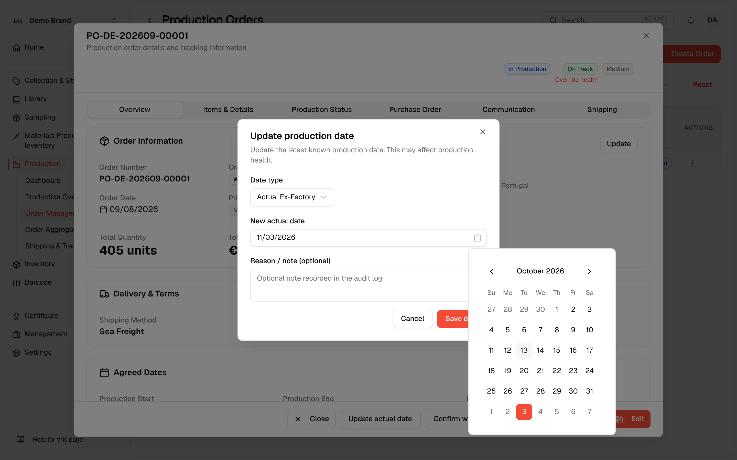 The calendar open on the New actual date field