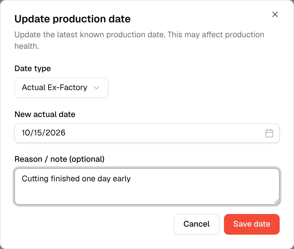 The dialog with a date chosen and a note, so the Save date button is enabled