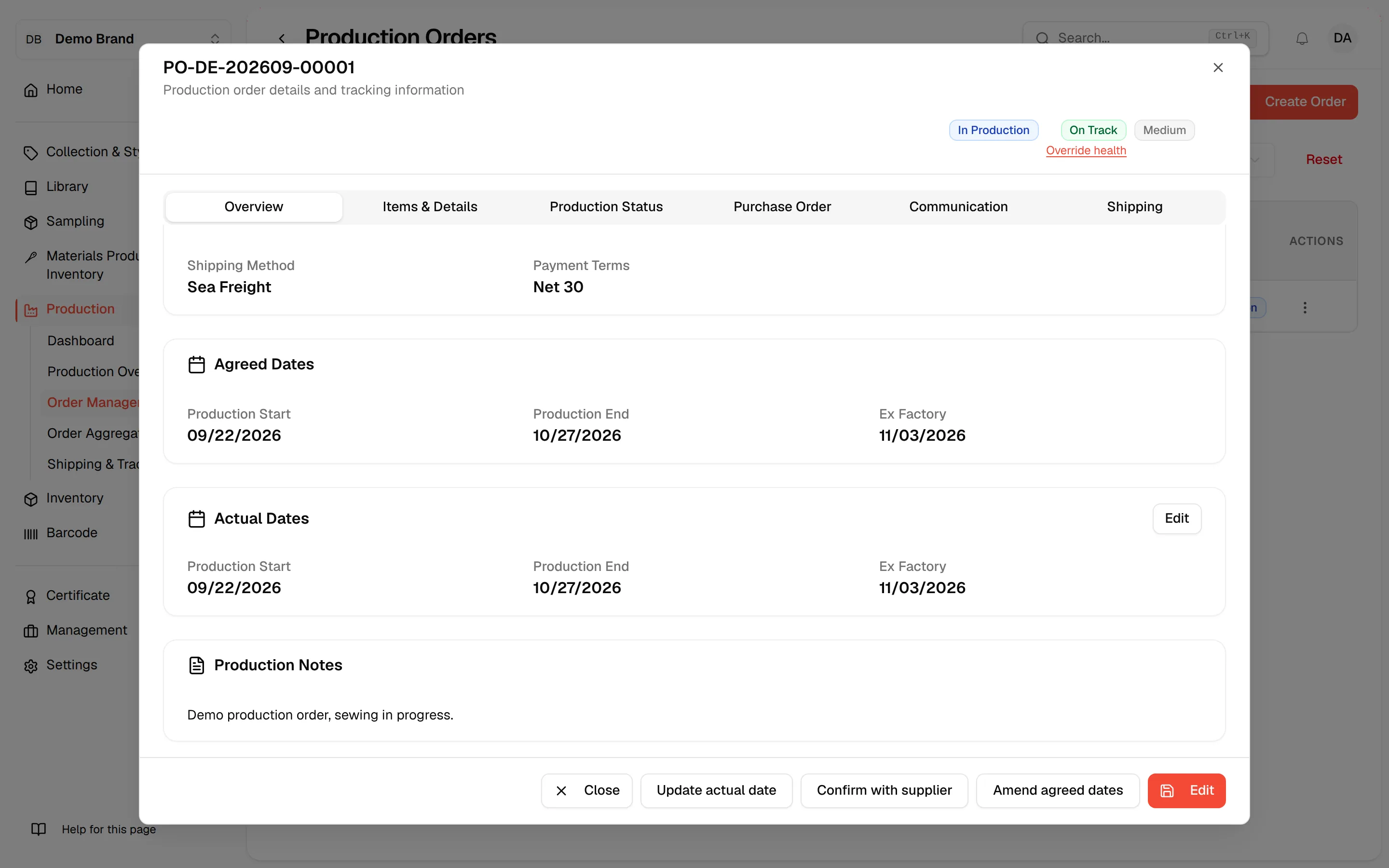 The Overview tab of the order with the Actual Dates card and its Edit button