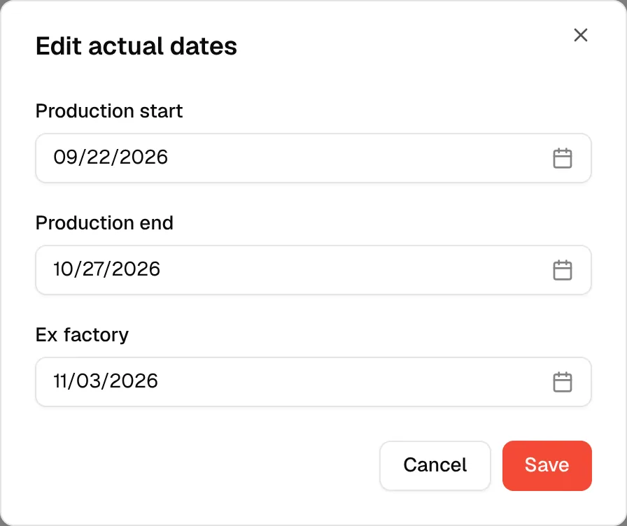 The Edit actual dates dialog opened from the Edit button of the Actual Dates card