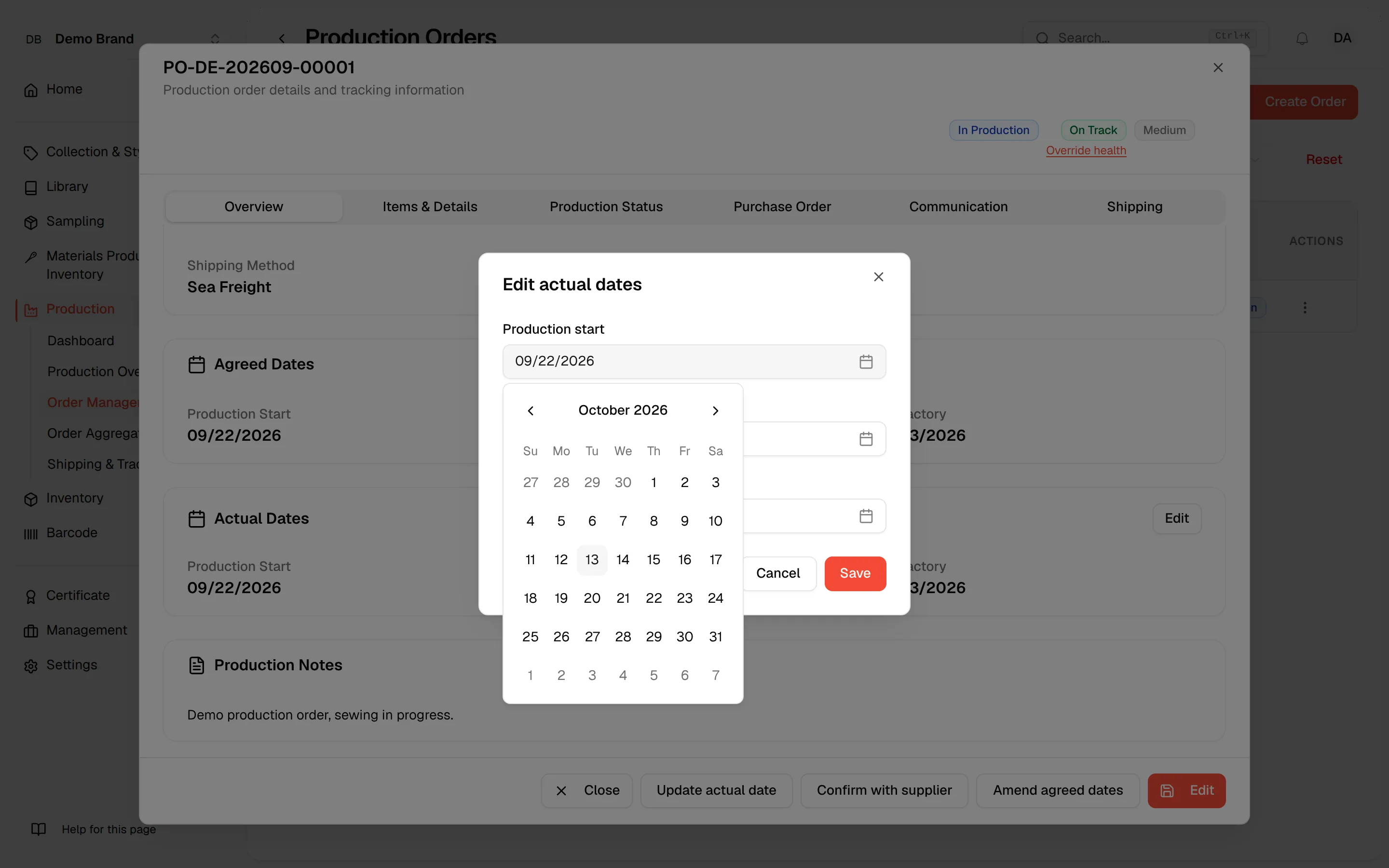 The calendar open on the Production start field of the Edit actual dates dialog