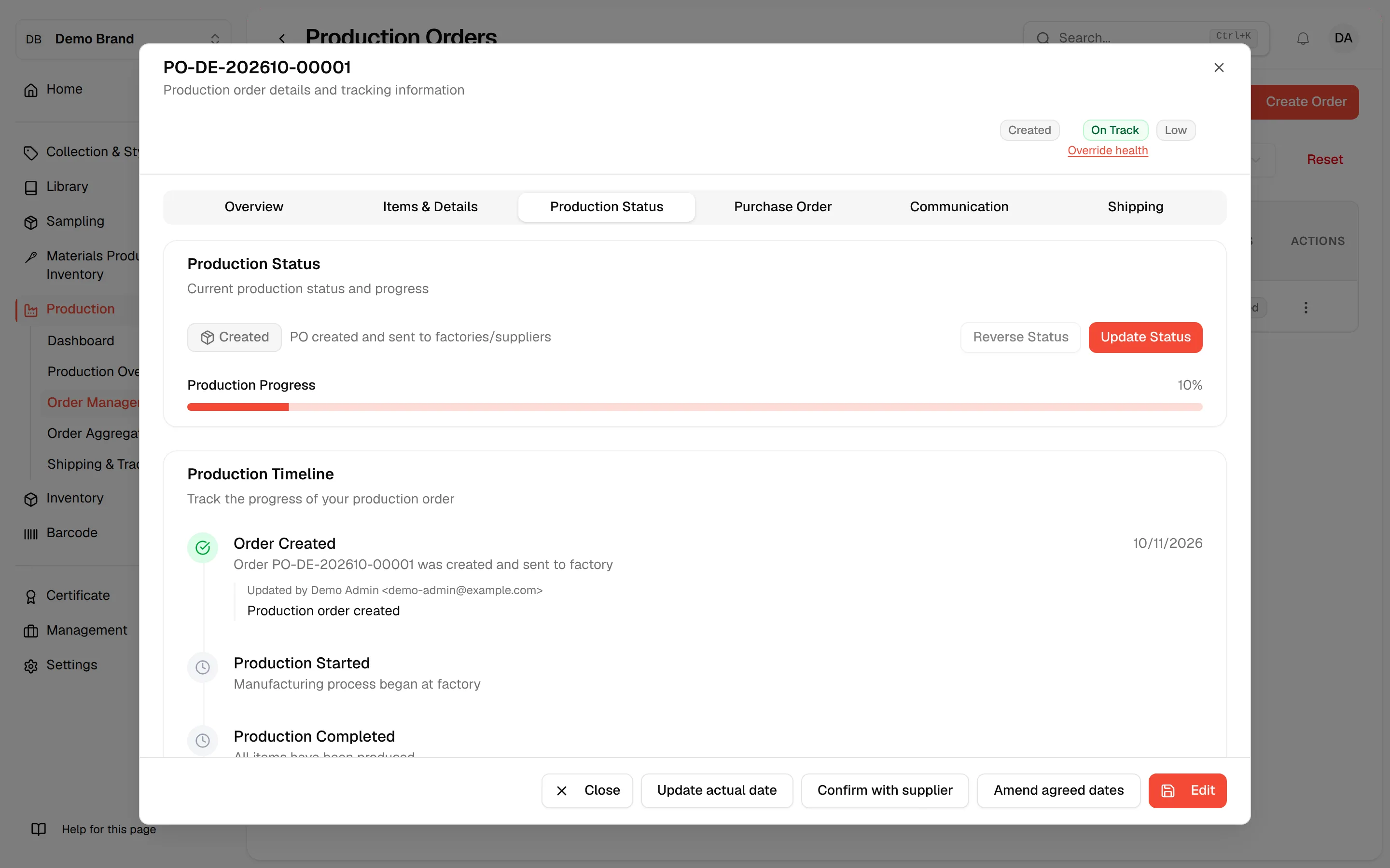 The Production Status tab with the current status, the progress bar, the Reverse Status and Update Status buttons and the timeline