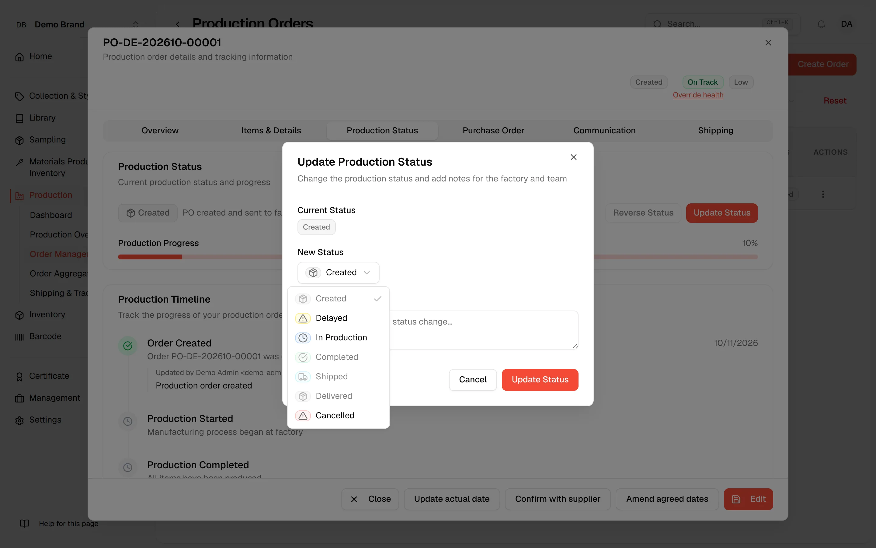 The New Status list open, with the statuses the order cannot move to greyed out