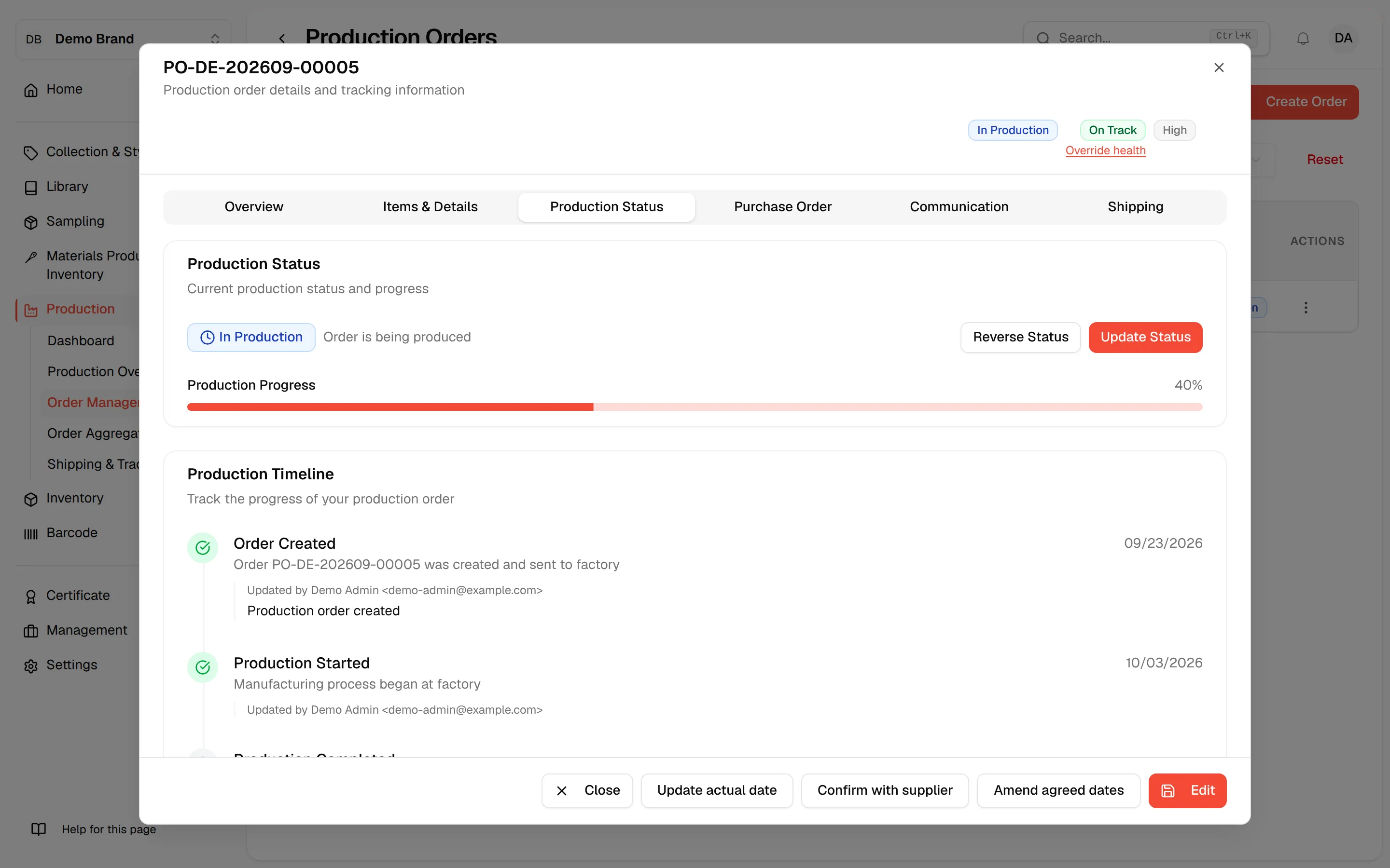 The Reverse Status button next to Update Status on an order that has an earlier status to go back to