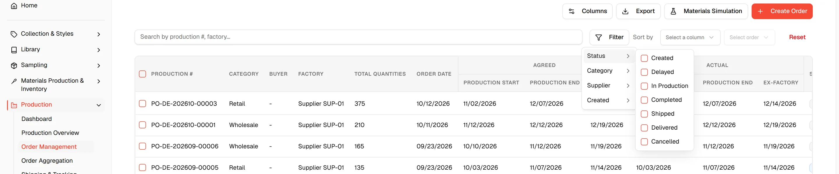 The Filter menu open with the Status, Category, Supplier and Created options