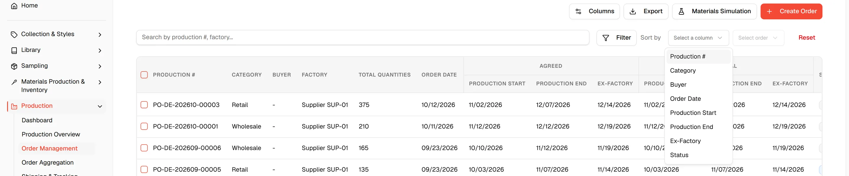 The Sort by dropdown listing the columns an order list can be sorted on