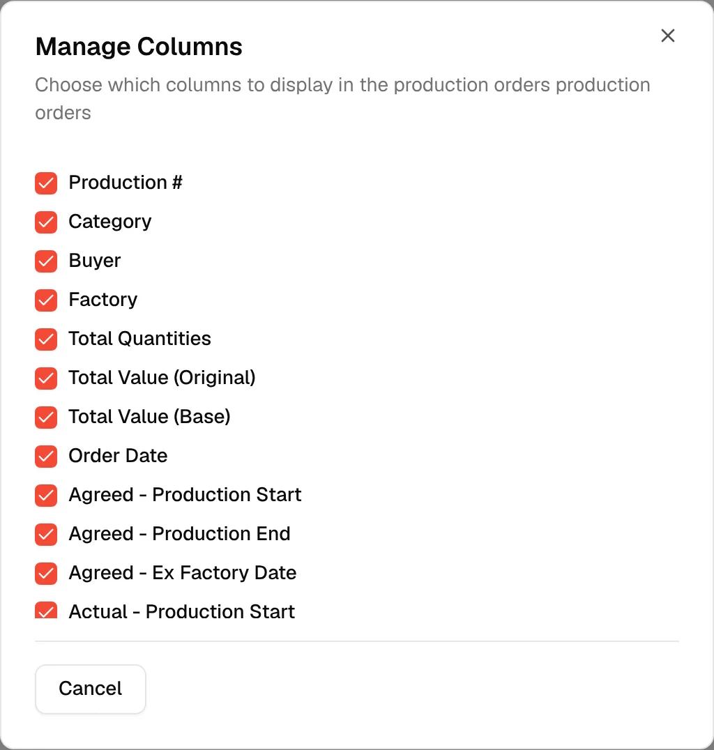 The Manage Columns dialog with a checkbox for each column of the table