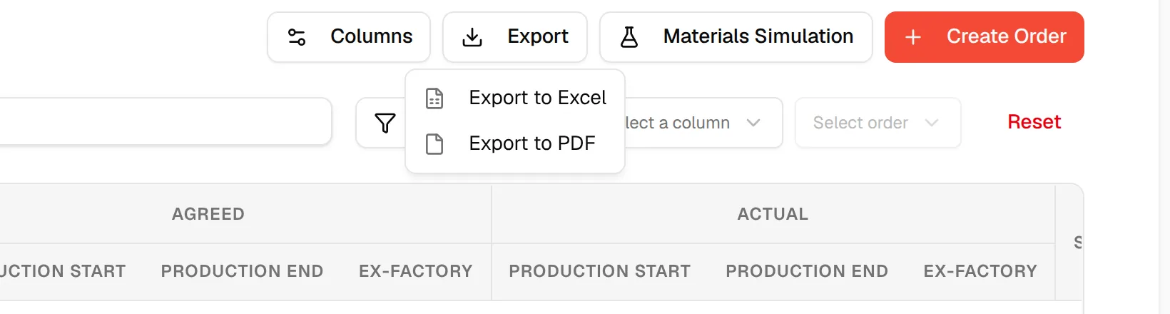 The Export menu with Export to Excel and Export to PDF