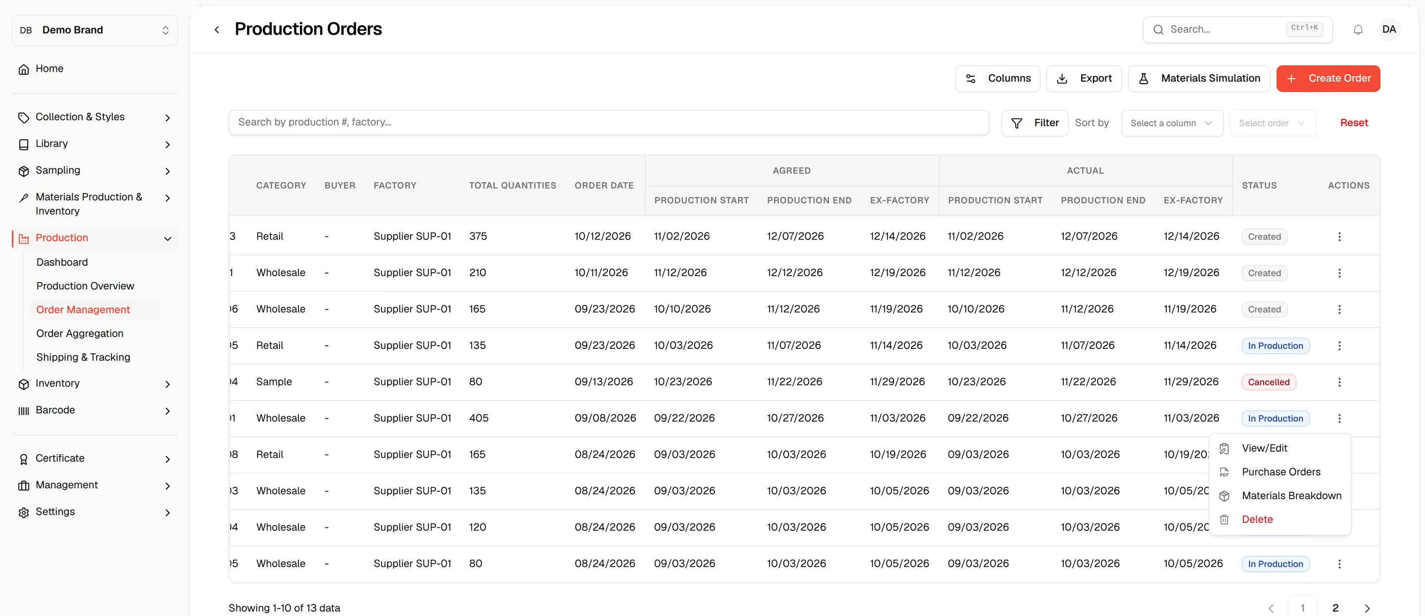 The three-dot menu of an order with View/Edit, Purchase Orders, Materials Breakdown and Delete
