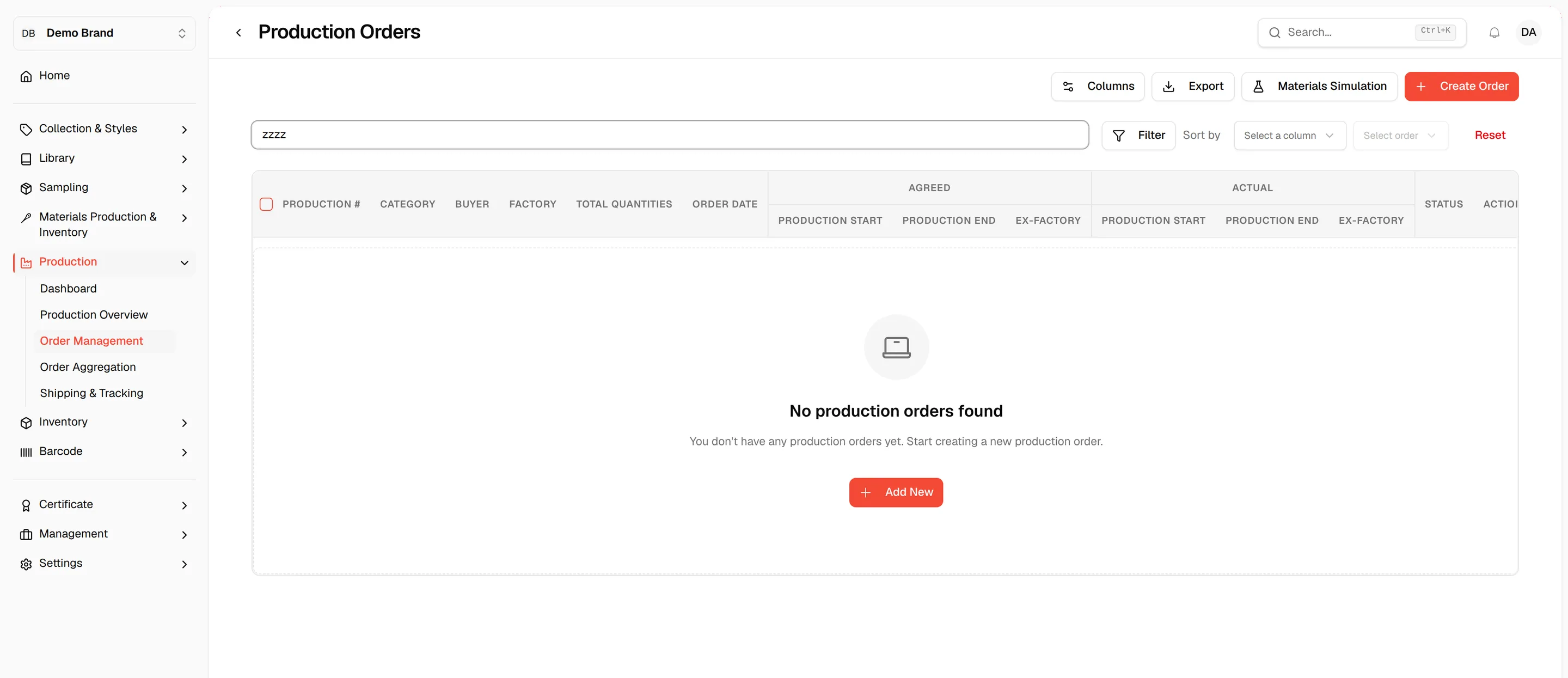 The empty state No production orders found with the Add New button