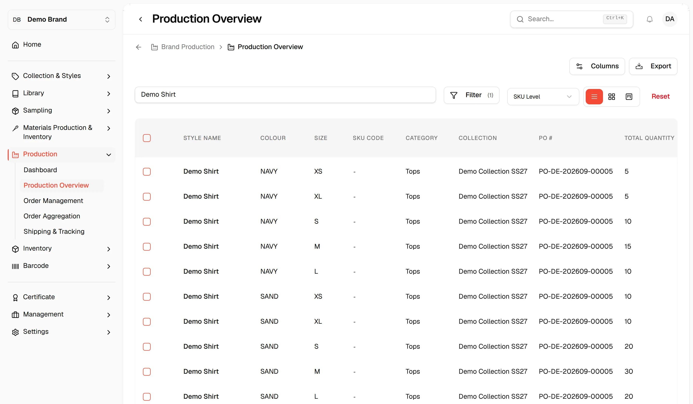 The Production Overview narrowed by a status filter and a search, which is the list that the export follows