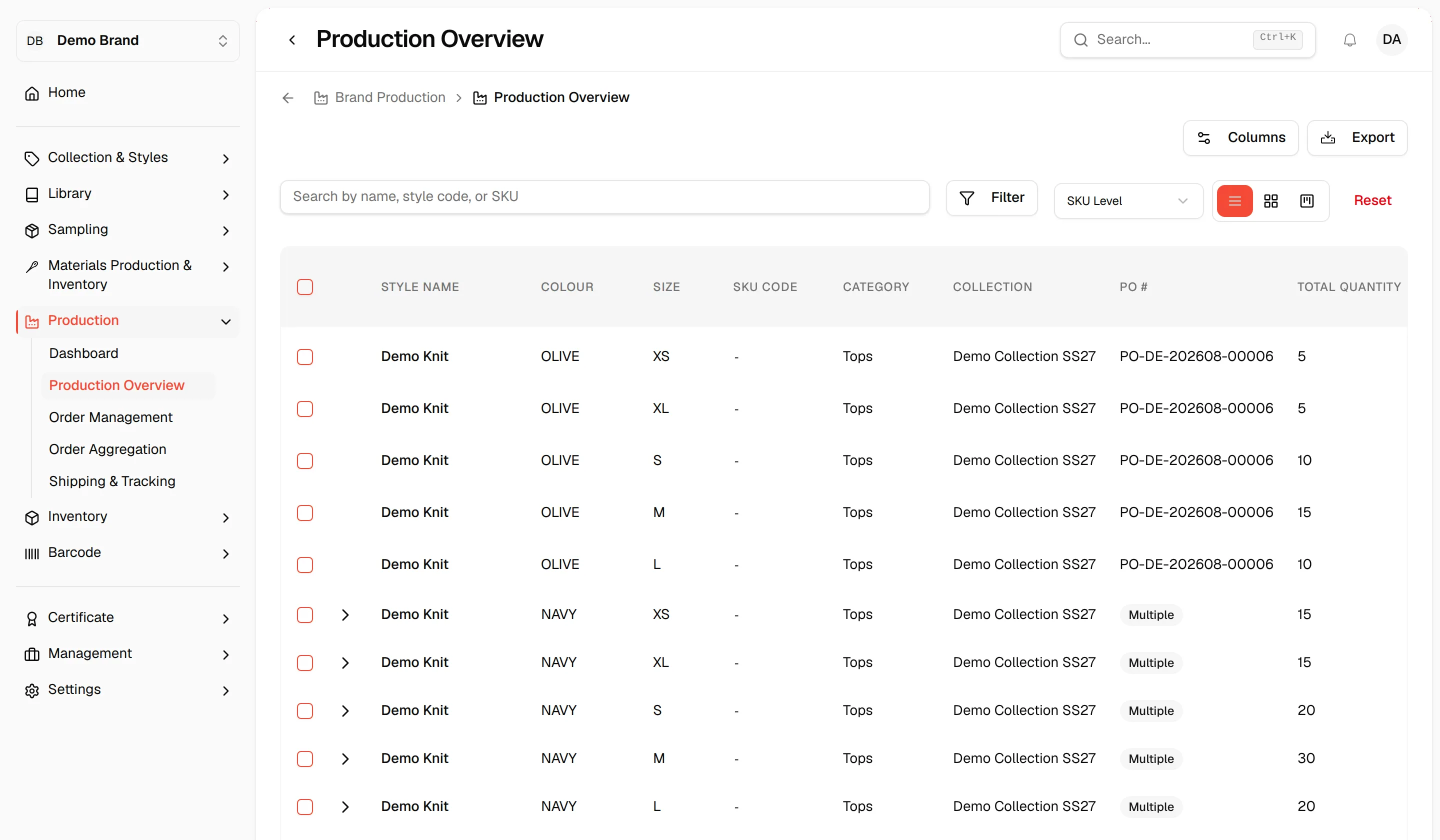 The Production Overview list with one row per size and colour, its agreed and actual dates, and the toolbar above it