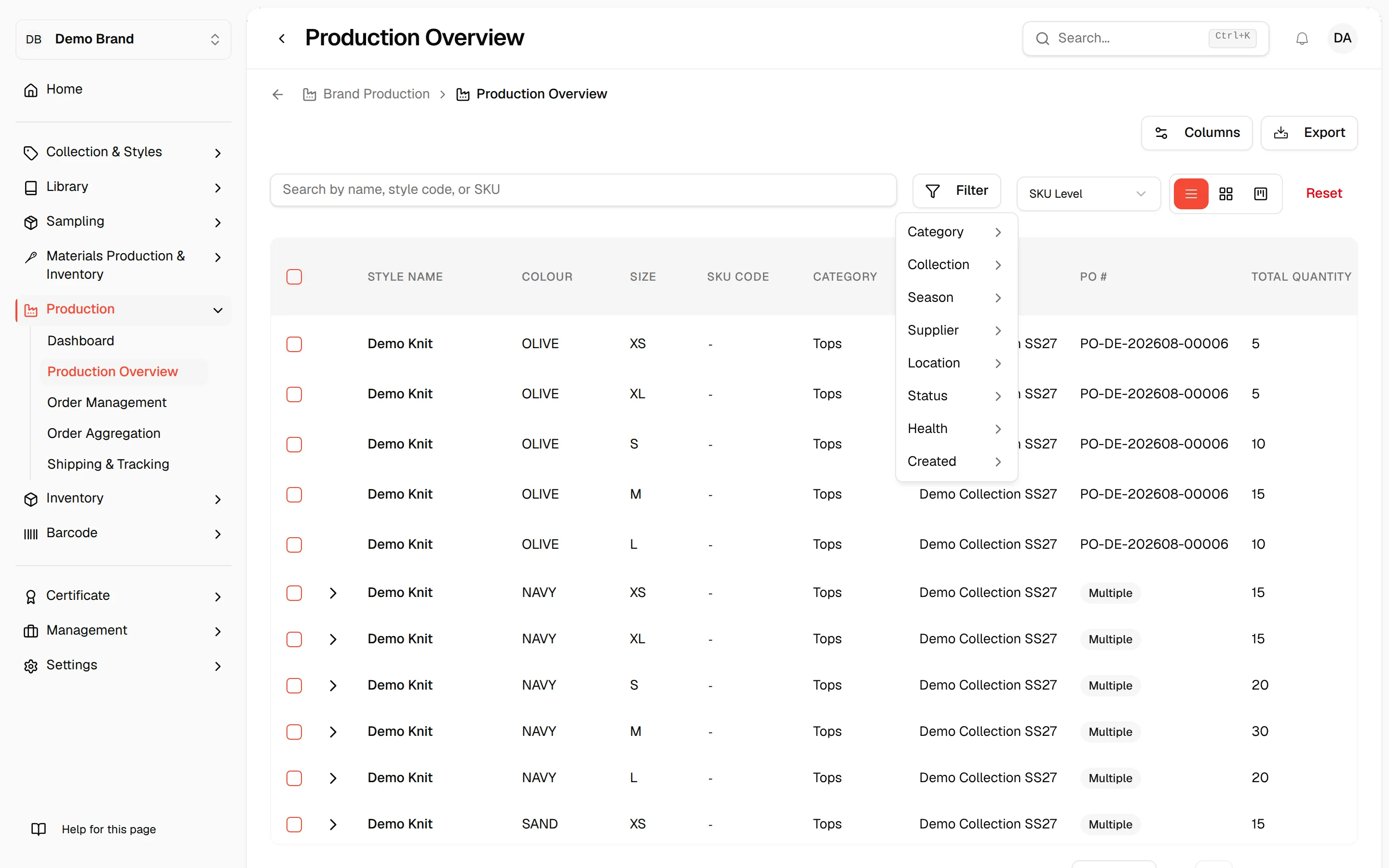 The filter panel with the Category, Collection, Season, Supplier, Location, Status, Health and Created groups
