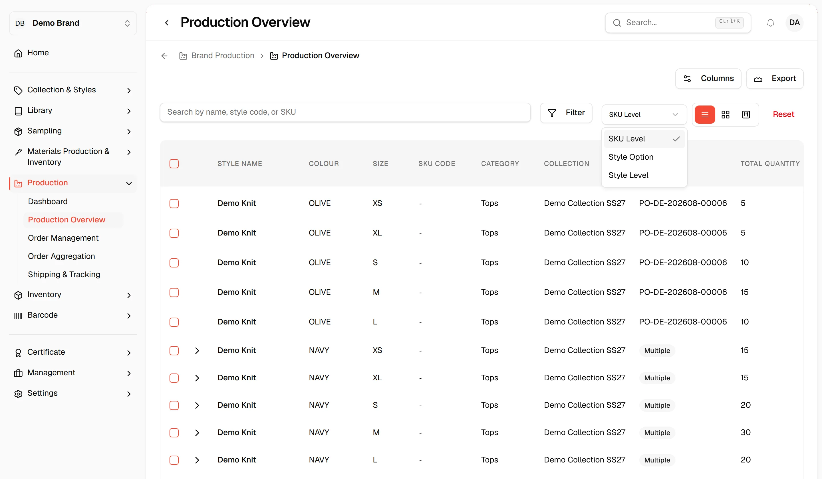 The level dropdown open with SKU Level, Style Option and Style Level