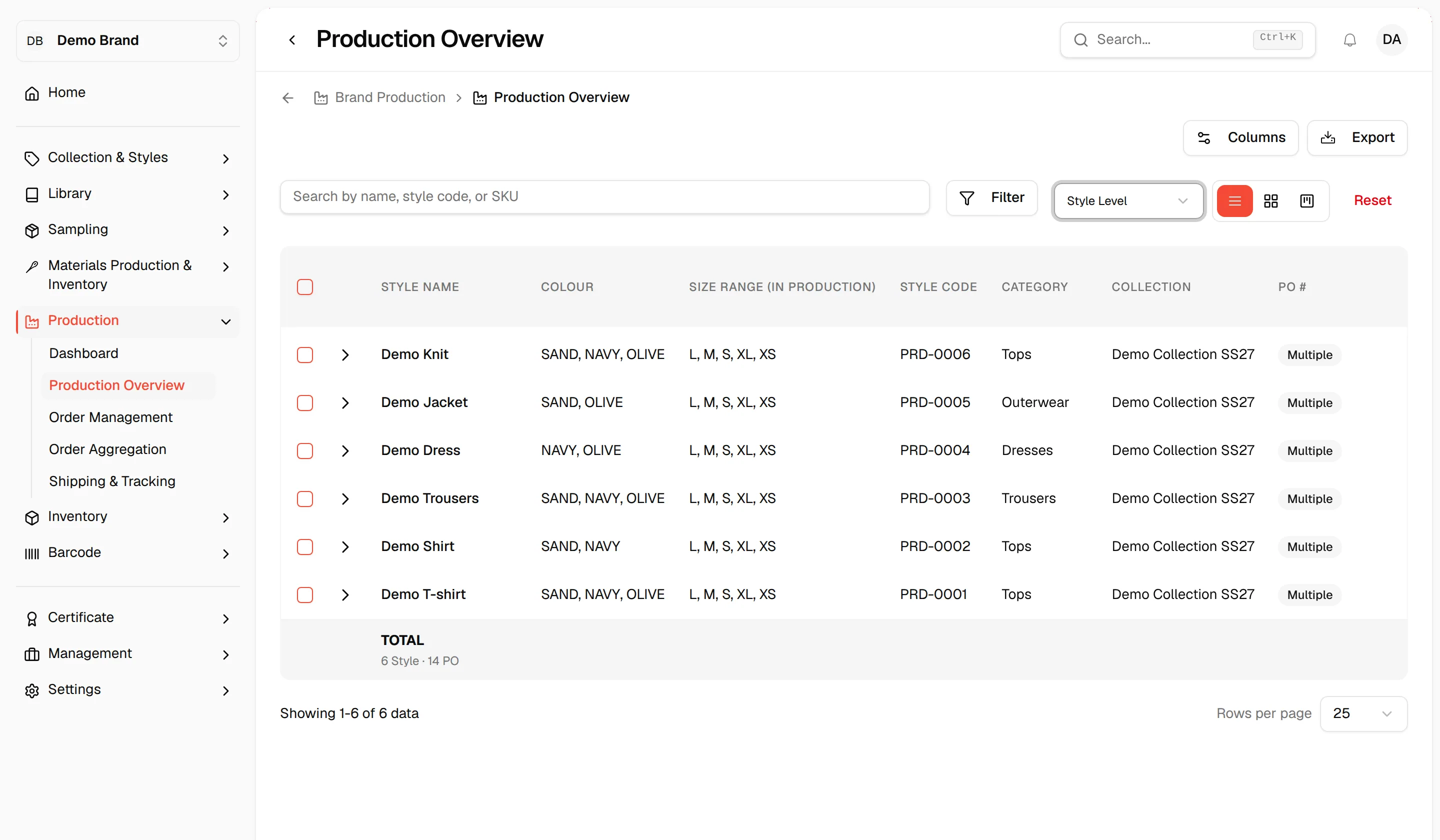 Style Level with one row per style showing the size range, total quantity and completion