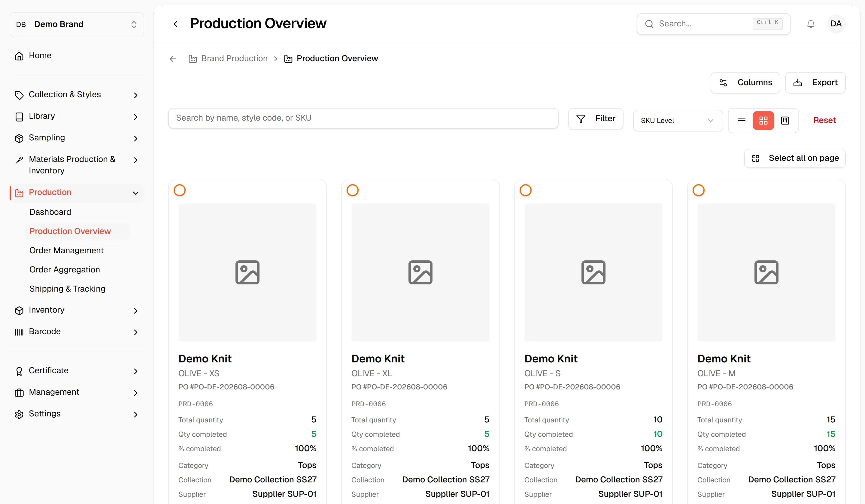 Grid view, one of the three view icons next to the level dropdown, with each order shown as a card