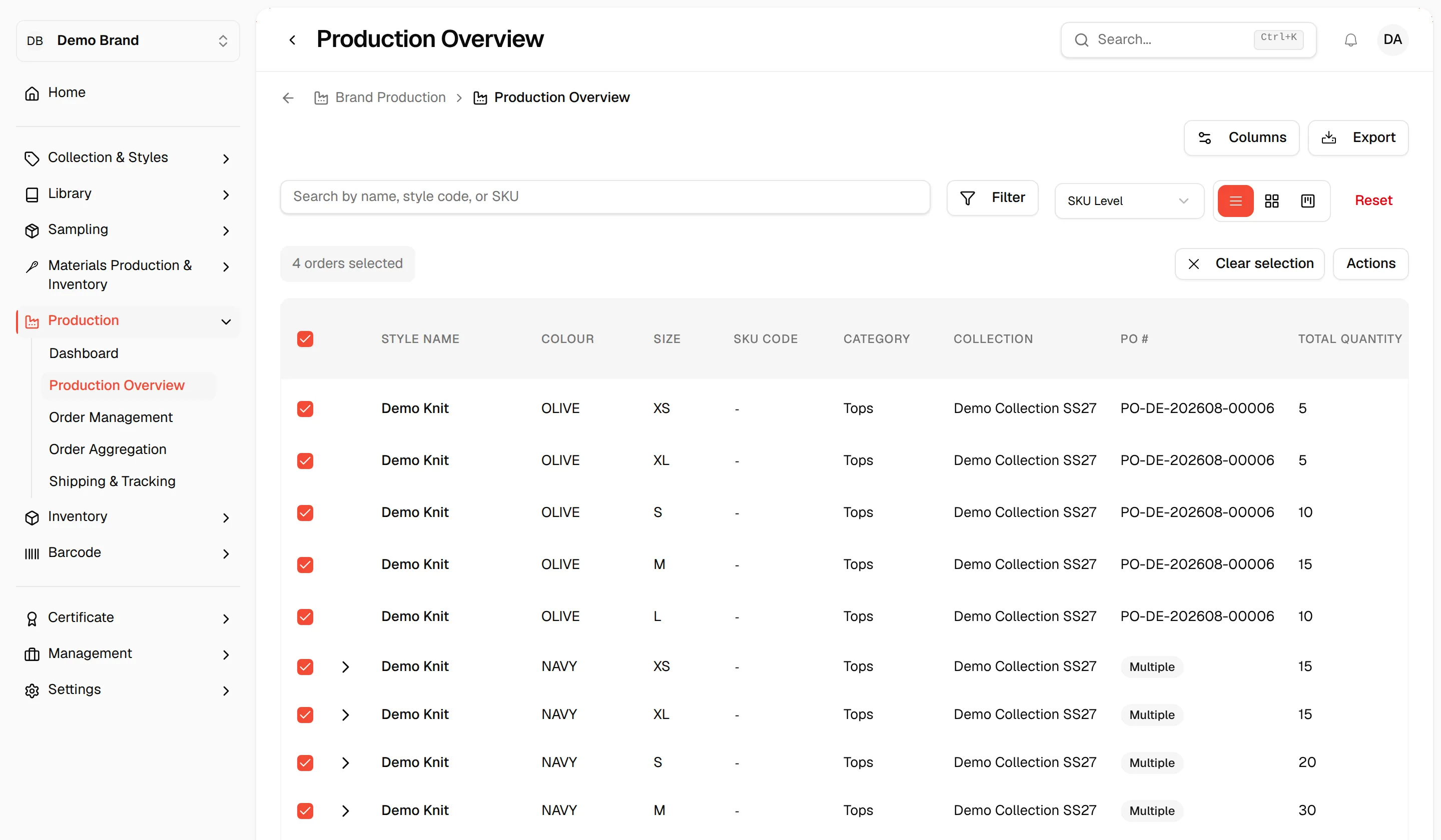 The checkbox in the table header ticked, with the bar above the list showing how many orders are selected