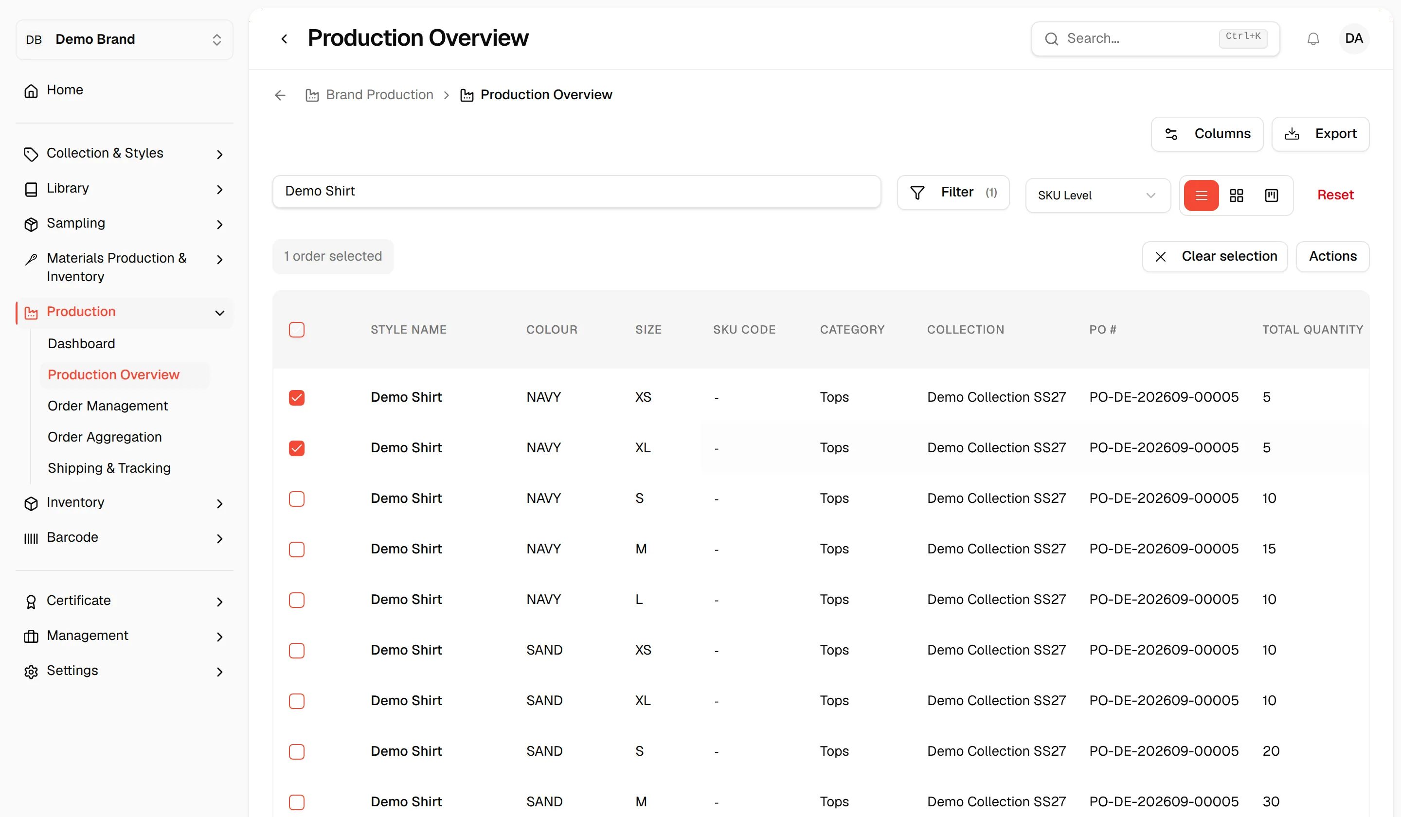 Two rows ticked with the selection bar showing Clear selection and Actions