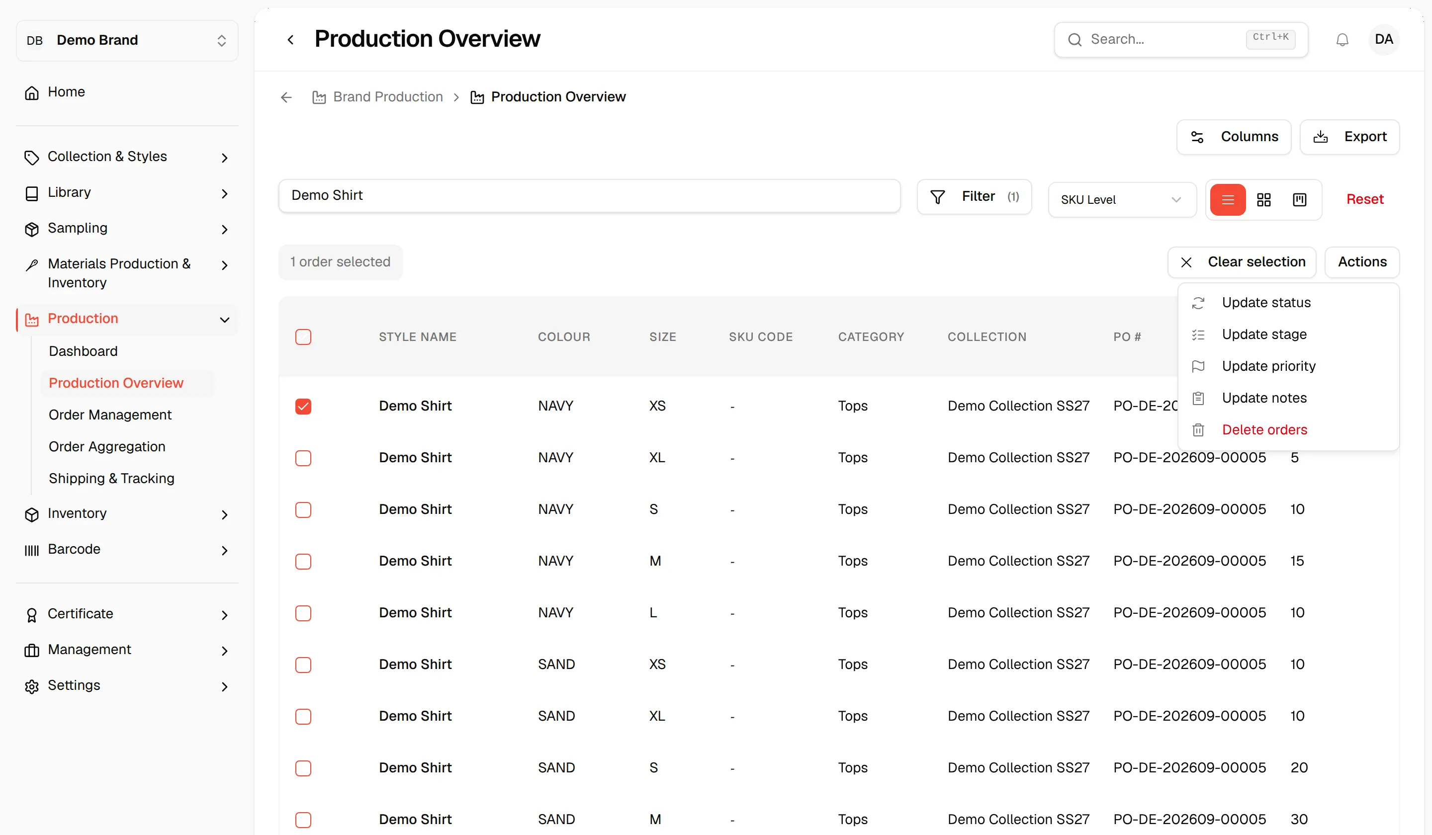The Actions menu offering Update status, Update stage, Update priority, Update notes and Delete orders