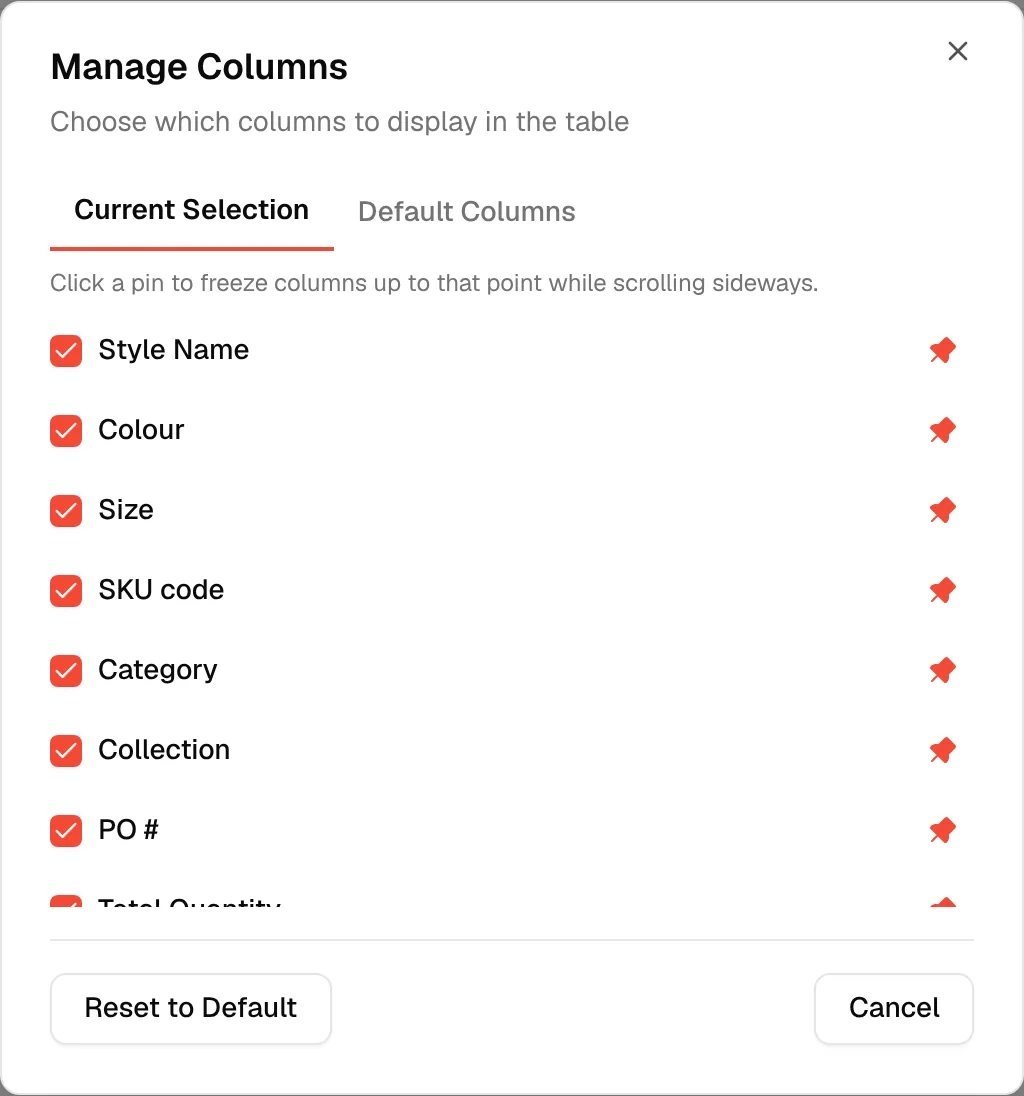The Manage Columns dialog with the Current Selection and Default Columns tabs