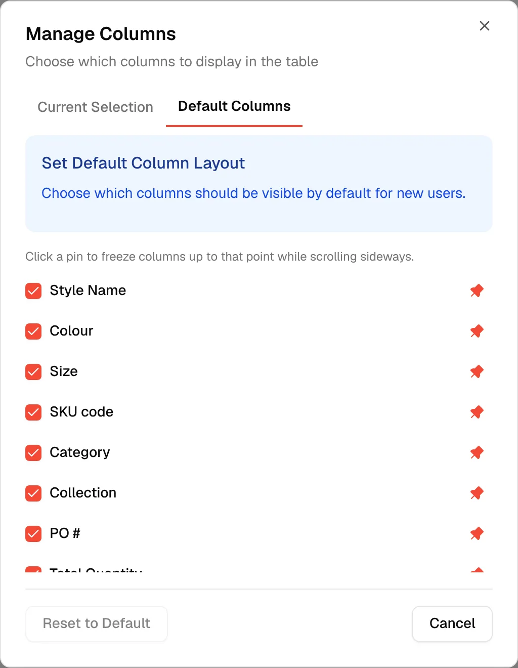 The Default Columns tab that sets the layout new users start with