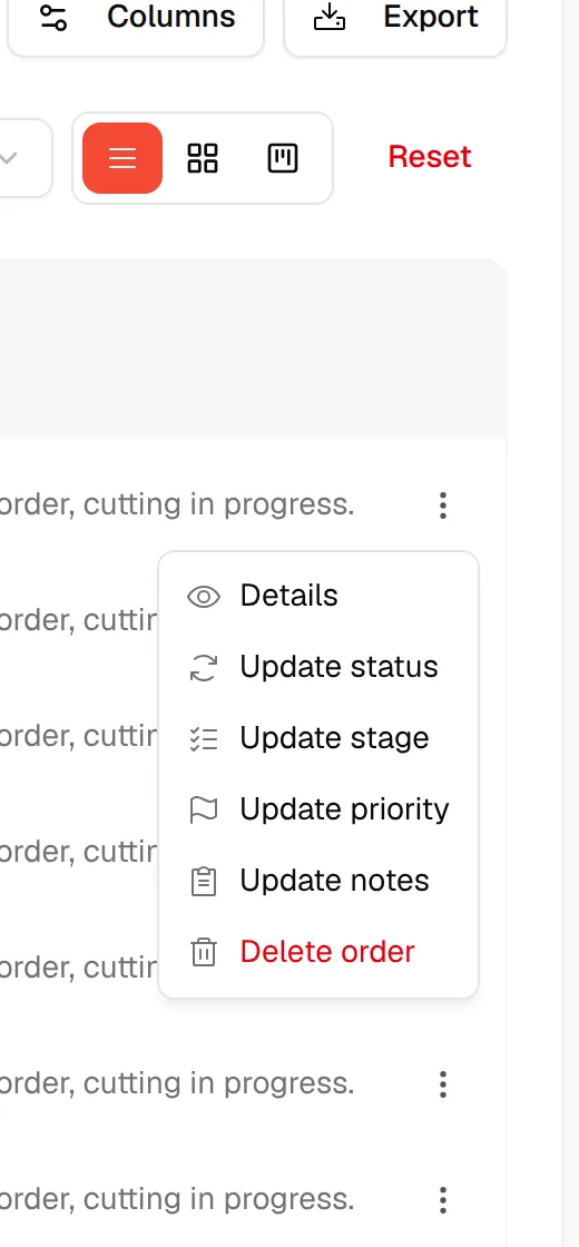 The three-dot menu of a row with Details, Update status, Update stage, Update priority, Update notes and Delete order