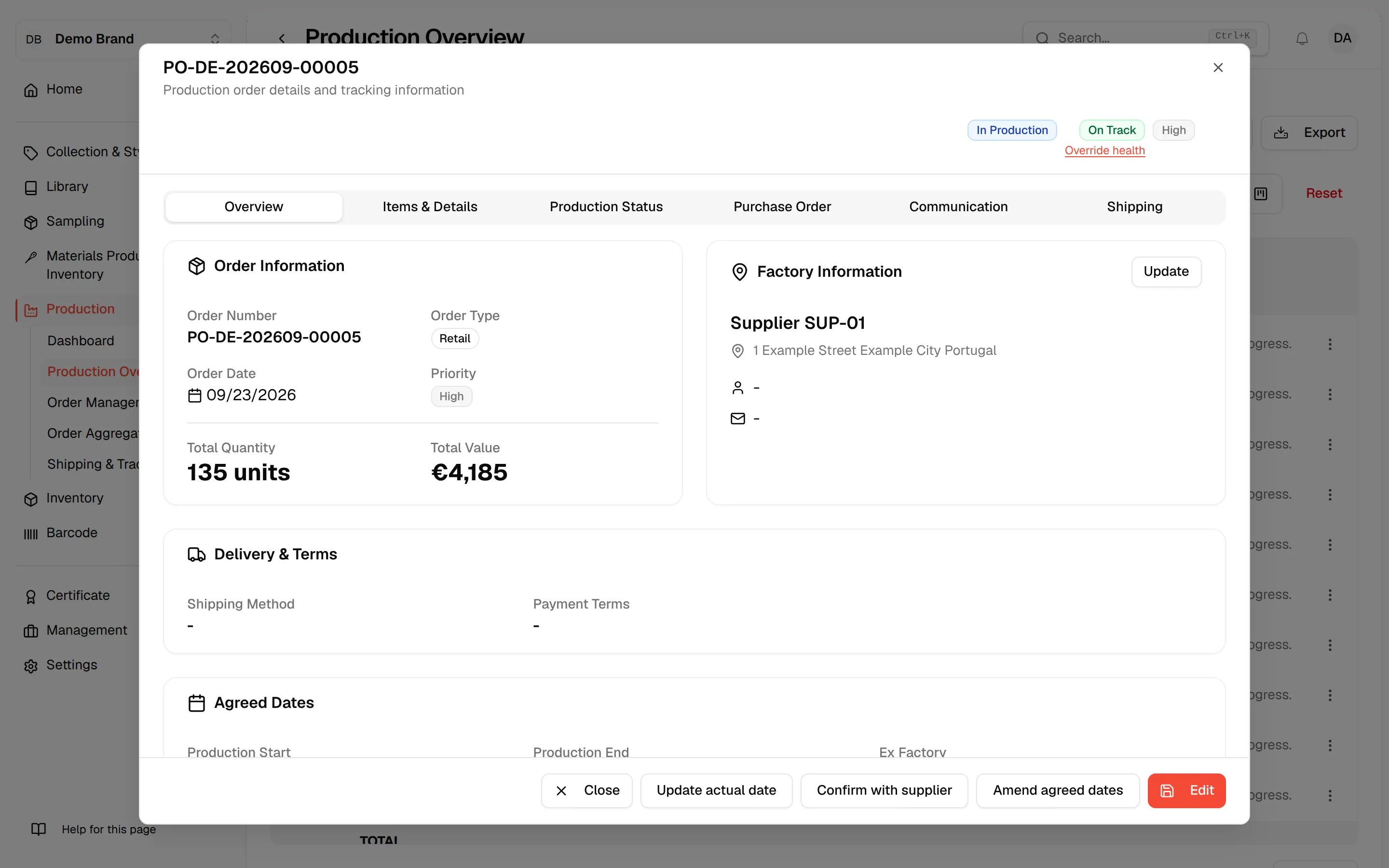 The Production Order dialog with its status and priority badges and the Overview, Items & Details, Production Status, Purchase Order, Communication and Shipping tabs