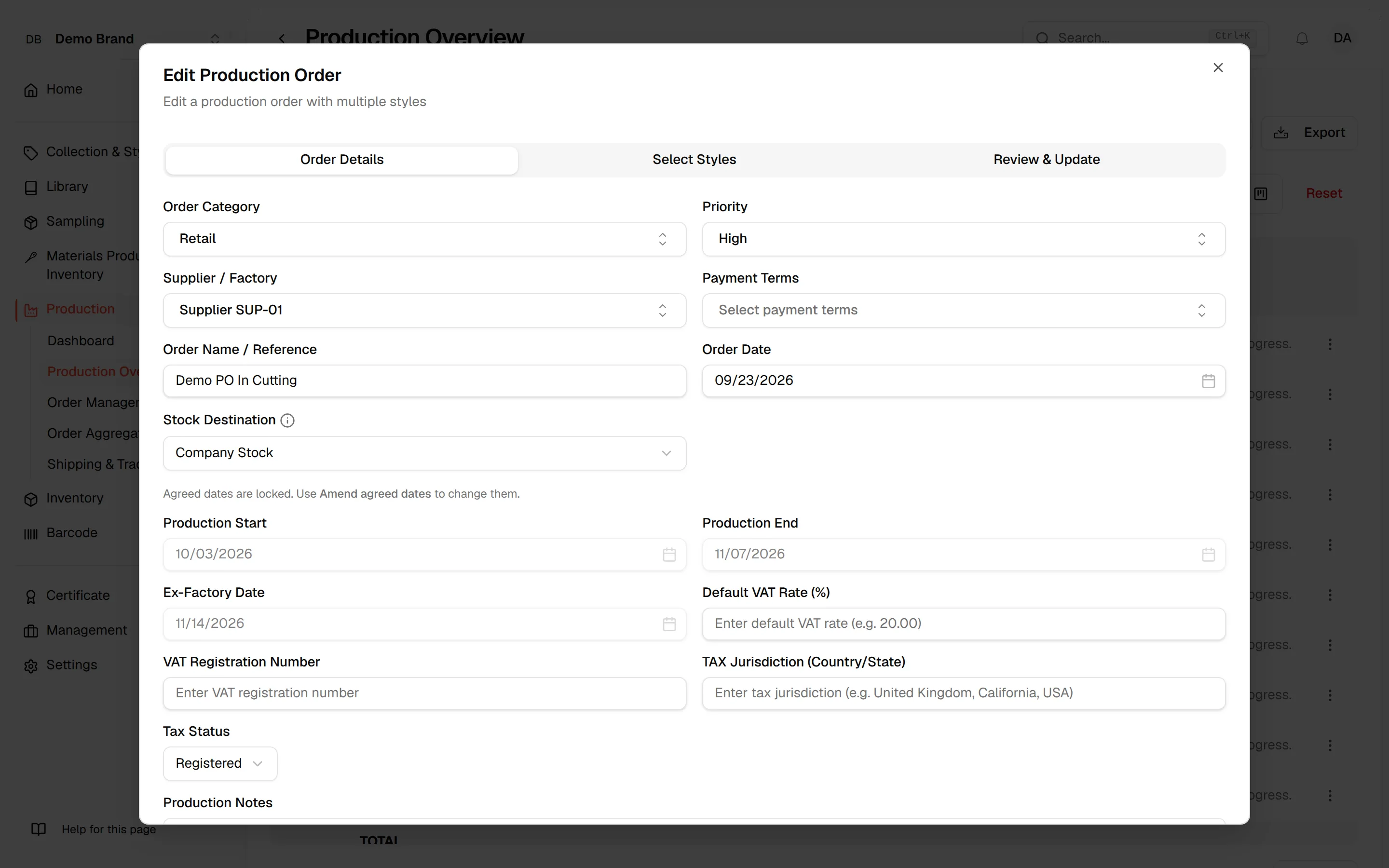 The edit form opened from the Edit button of the Details dialog, starting with the supplier and payment terms