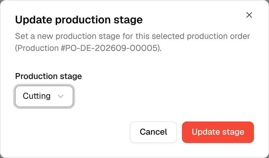 The Update production stage dialog with the Production stage dropdown