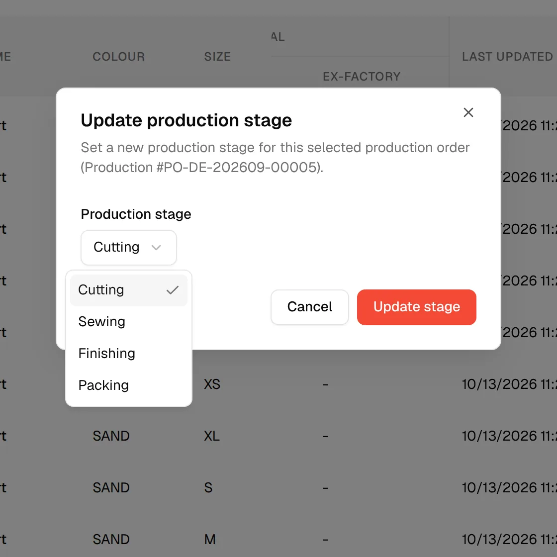 The Production stage dropdown open with the stages set up for the brand