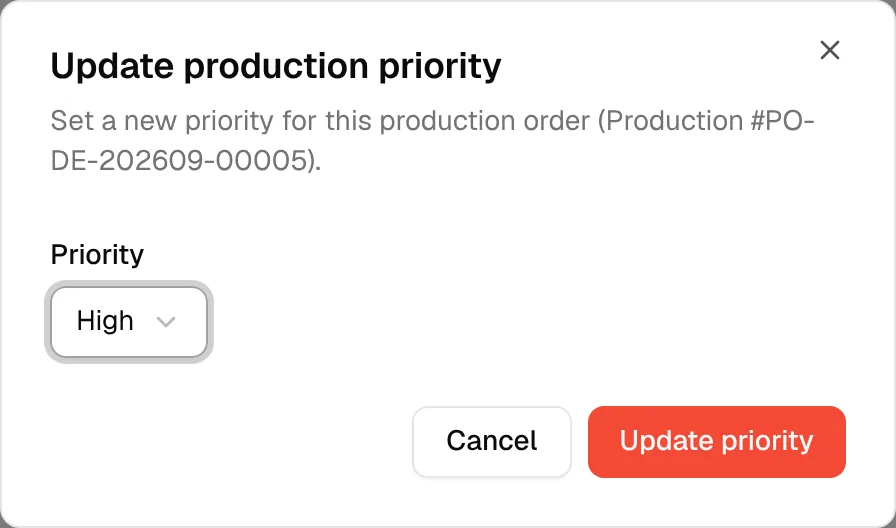 The Update production priority dialog with the Priority dropdown