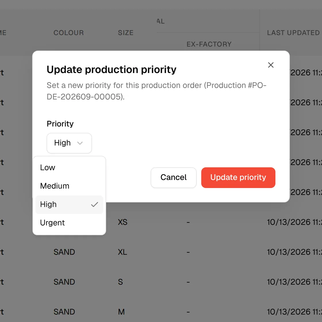 The Priority dropdown open with the priorities set up for the brand